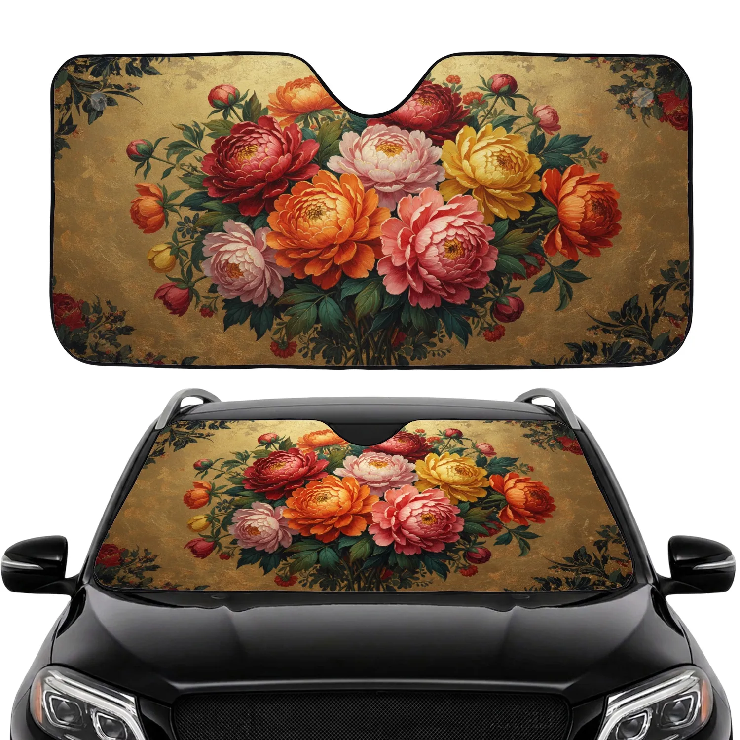 Lavish Peony Chrysanthemum Bouquet Gold Lacquer Car Interior Upgrade Car Sunshade - 1