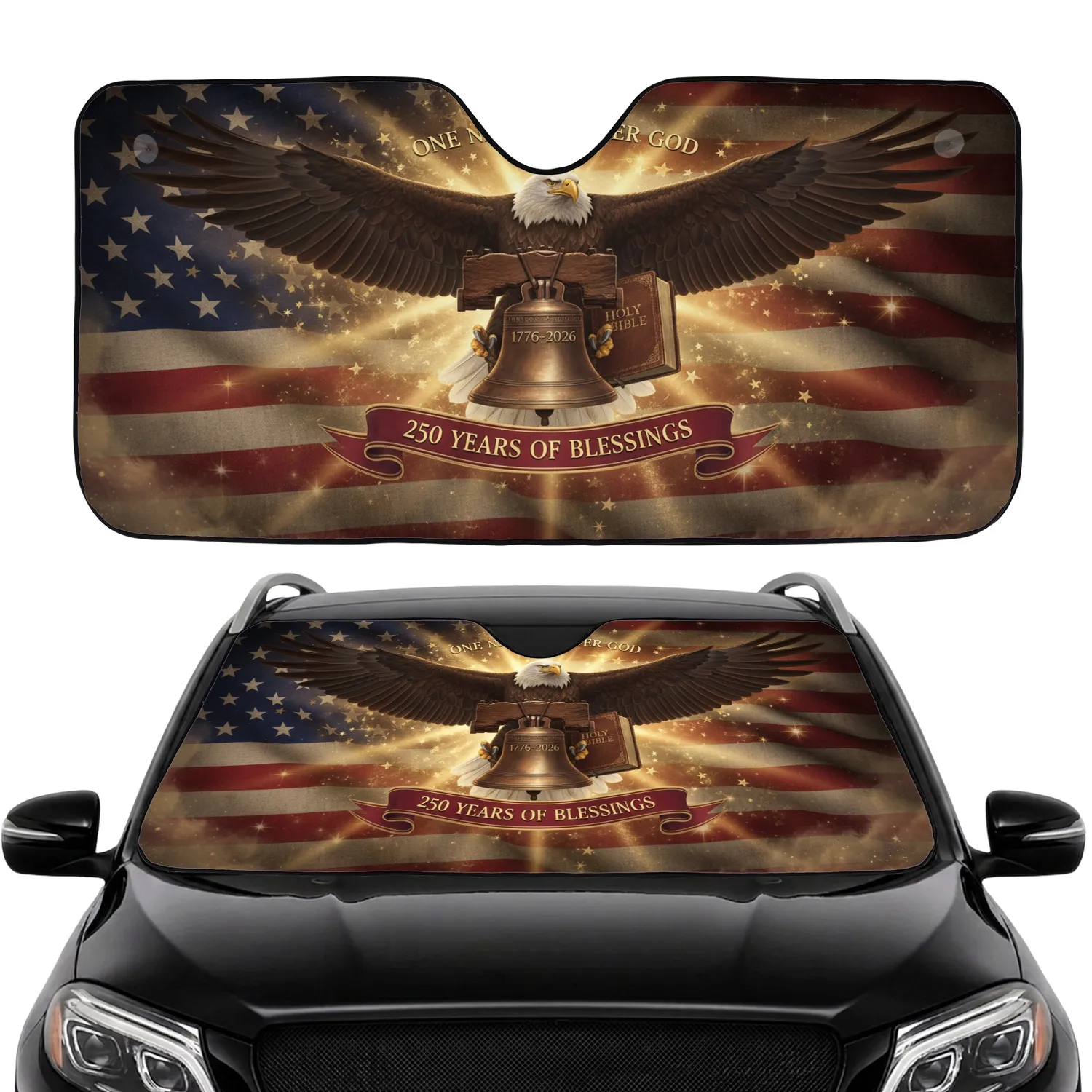 Bald Eagle American Flag Liberty Bell 250th Anniversary Commute Accessory for Veterans Car Sunshade - 1