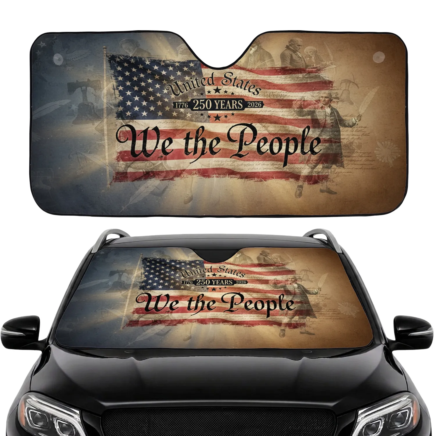 Distressed American Flag We the People Constitution 250th Anniversary Road Trip Gift Car Sunshade - 1