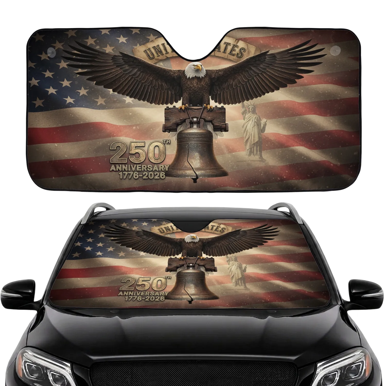 Bald Eagle Liberty Bell American Flag 1776-2026 - USA 250th Anniversary Road Trip Gift Car Sunshade - 1