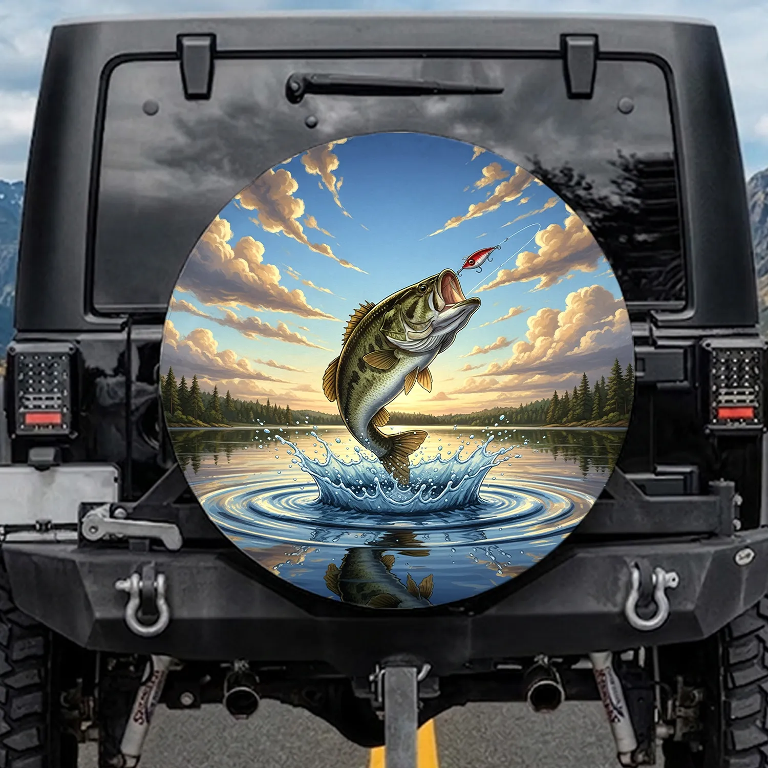 Large-mouth Bass Fish Leaping Lake Landscape - Fishing Enthusiast Gift for Outdoorsman Spare Tire Cover - 1