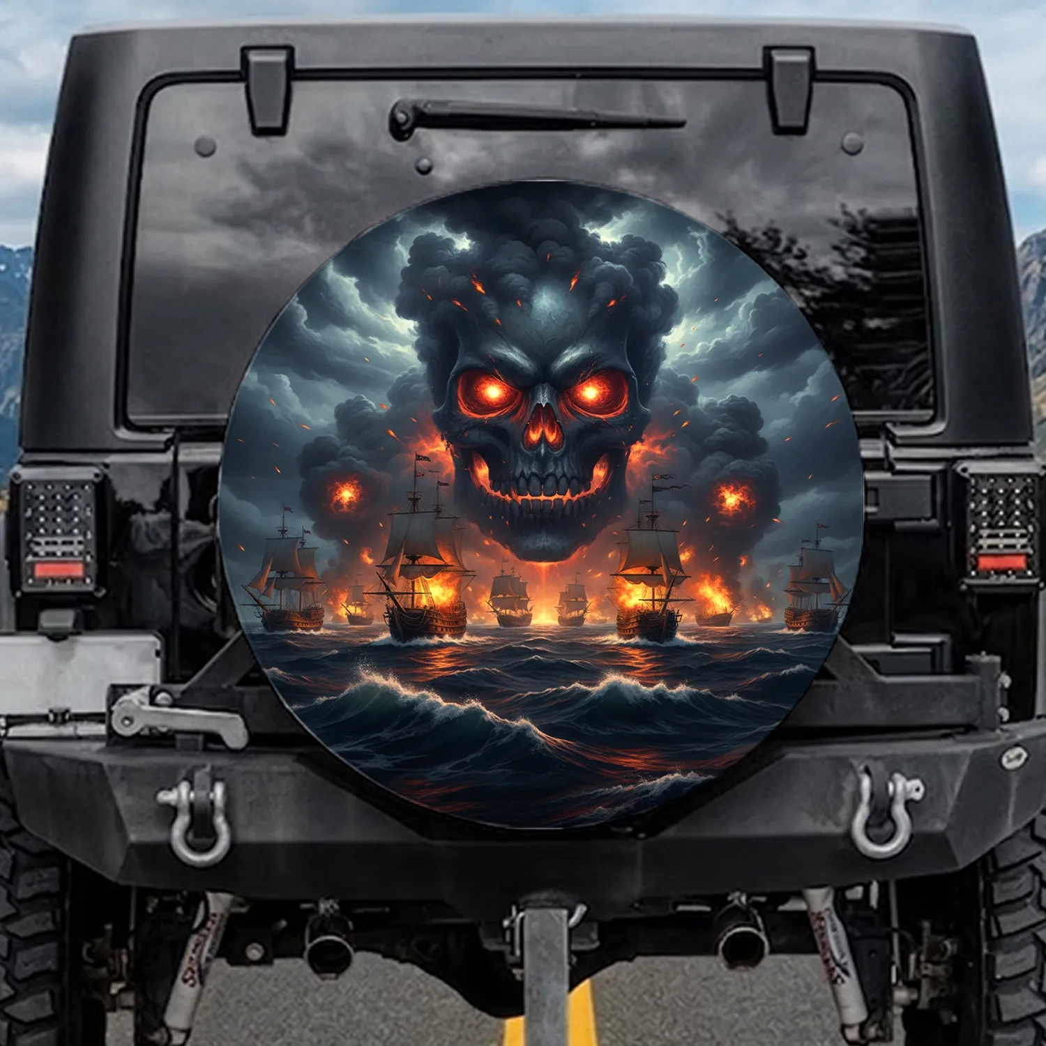 Menacing Skull Glowing Eyes Naval Battle Galleons - Outdoor Adventure Spare Tire Cover - 1