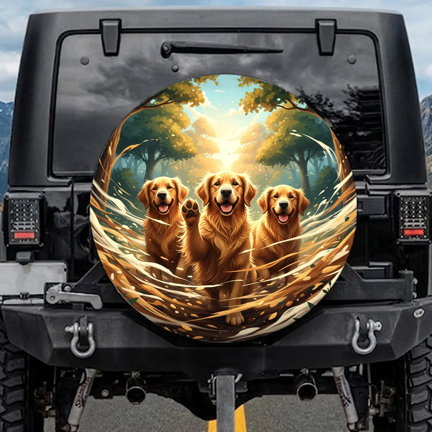 Three Golden Retrievers Paw Wave - Dog Lover Travel Adventure Gift Spare Tire Cover - 1