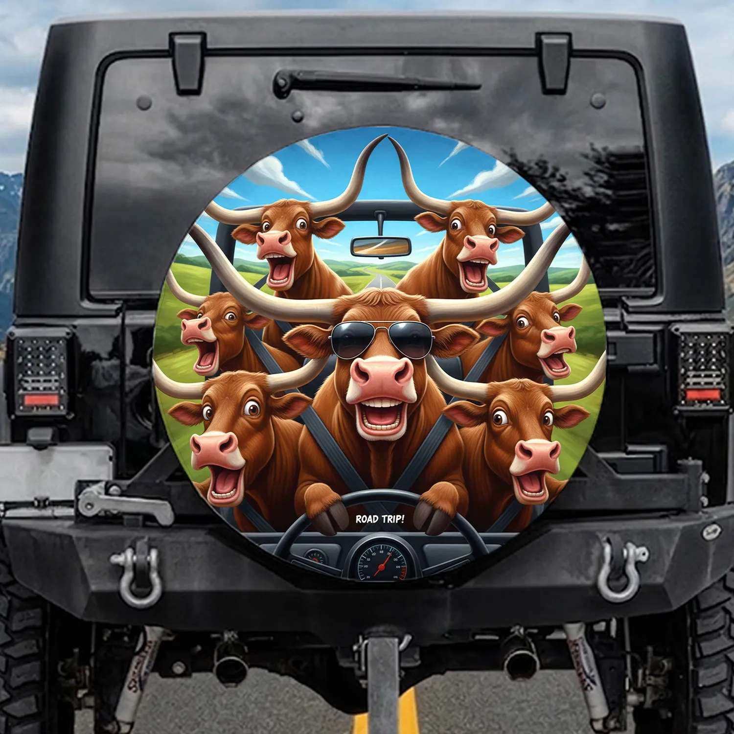 Funny Cow Sunglasses Longhorn Cattle Road Trip - Travel Essentials Gift for Cow Lover Spare Tire Cover - 1