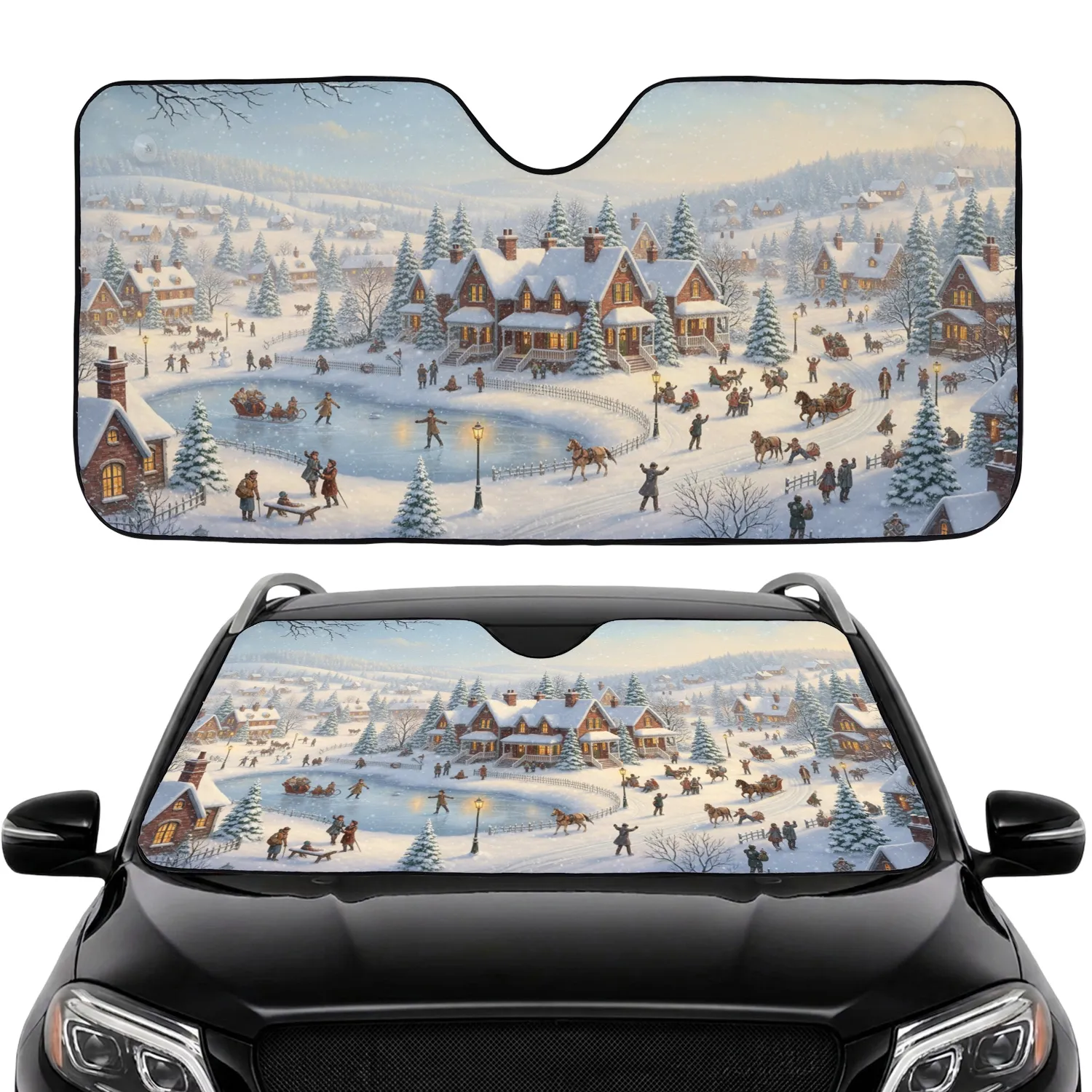 Victorian Winter Village Snow Scene with Ice Skating Sleigh Ride Car Interior Accessory Car Sunshade - 1
