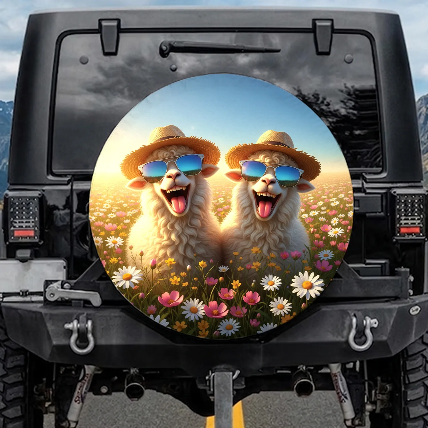 Fluffy Sheep Sunglasses Wildflower Meadow - Farmhouse Decor Gift for Sheep Lover Spare Tire Cover - 1