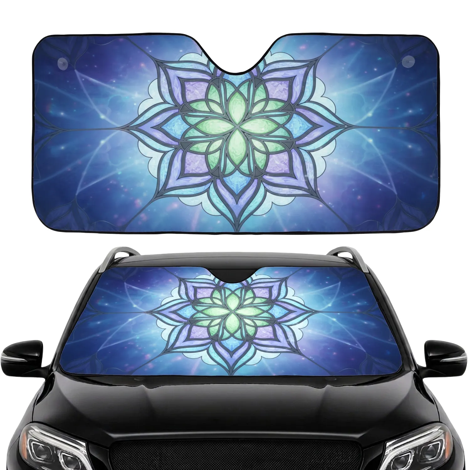 Aqua Blue Lavender Stained Glass Floral Mandala Car Interior Upgrade Car Sunshade - 1