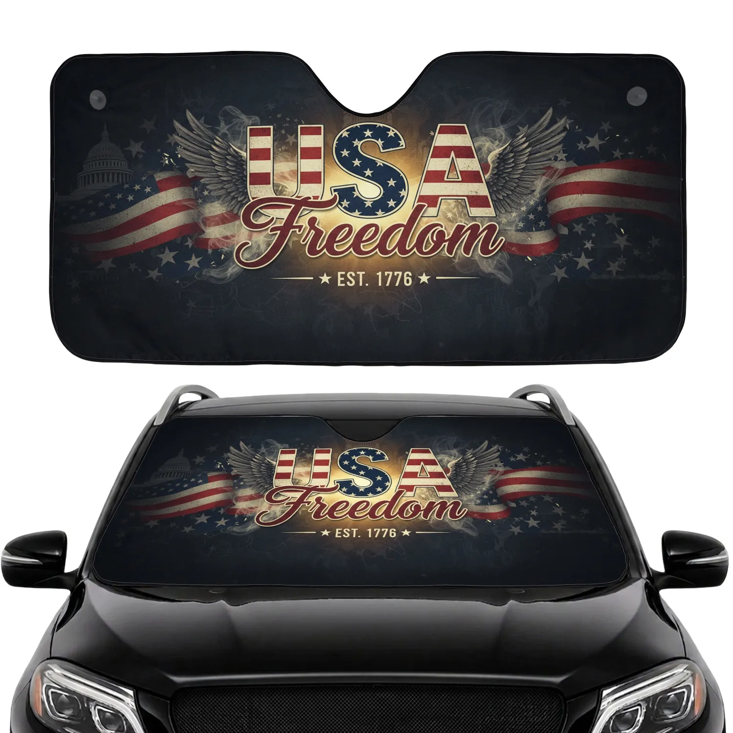 USA Freedom 1776 Eagle Wings Flag Stripes - Independence Day Road Trip Car Interior Upgrade Car Sunshade - 1