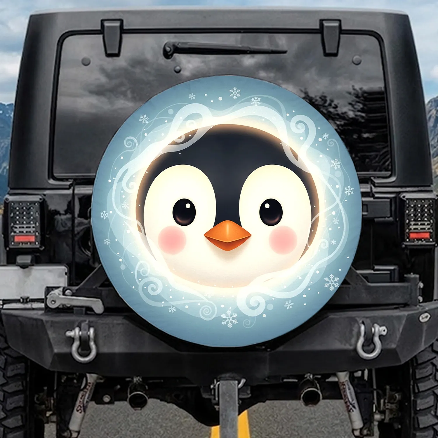 Penguin Rosy Cheeks Glossy Eyes Frosty Snowflake - Winter Decor Gift for Wildlife Lovers Spare Tire Cover - 1