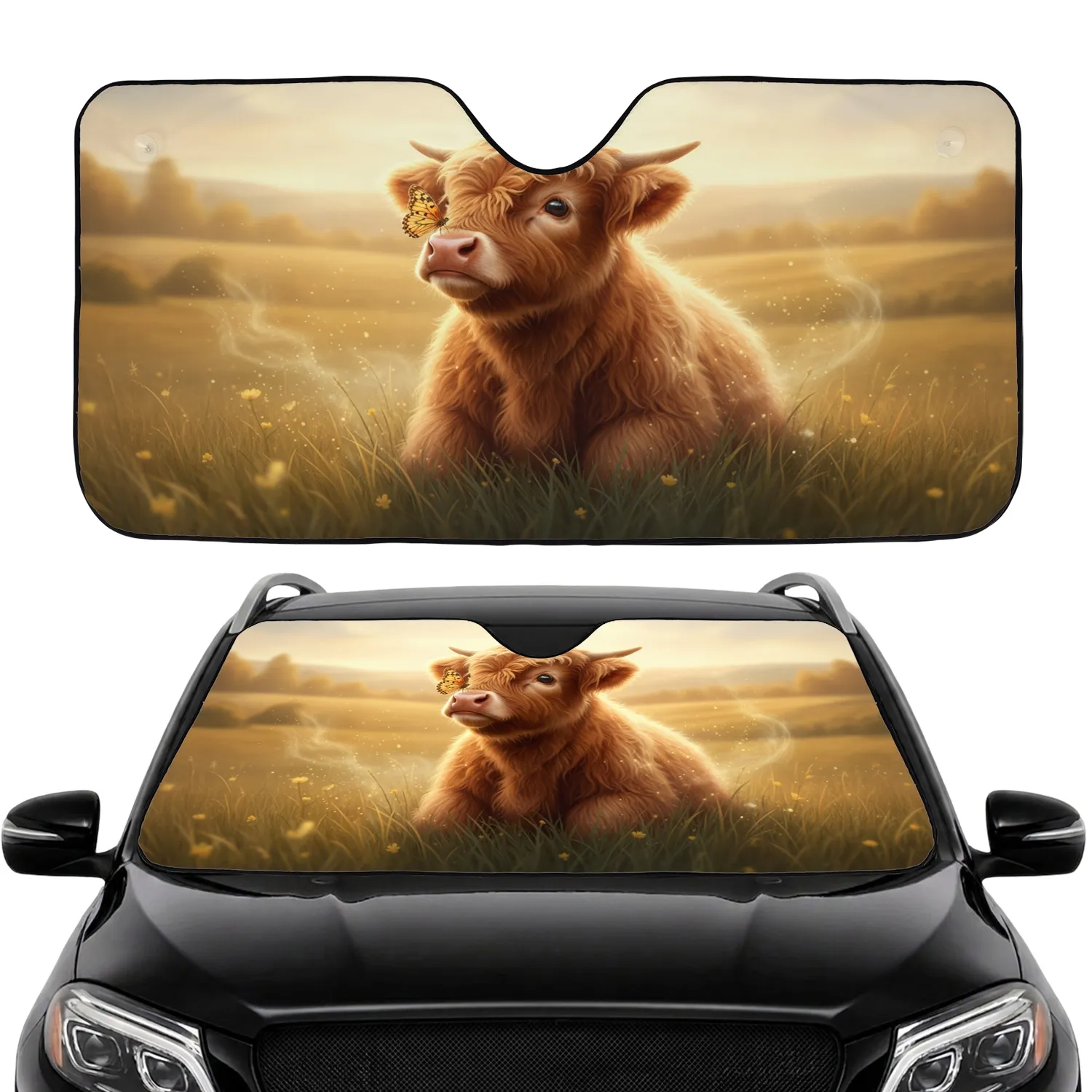 Highland Calf Butterfly Golden Landscape - Car Interior Upgrade Cow Lover Gift Car Sunshade - 1