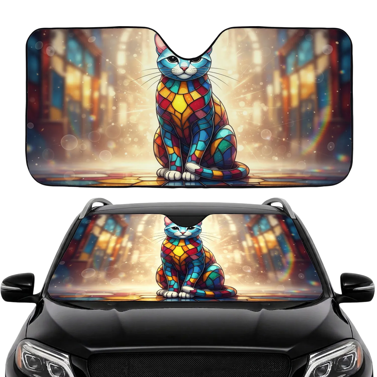 Luminous Ruby Red Sapphire Blue Mosaic Stained Glass Cat Car Interior Upgrade Car Sunshade - 1