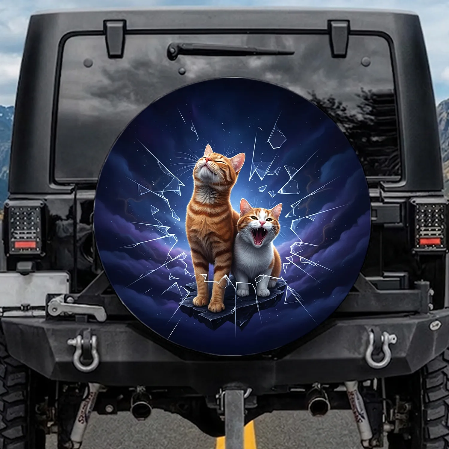 Two Realistic Tabby Cats Shattered Glass Cosmic Void - Gift for Cat Lover Spare Tire Cover - 1