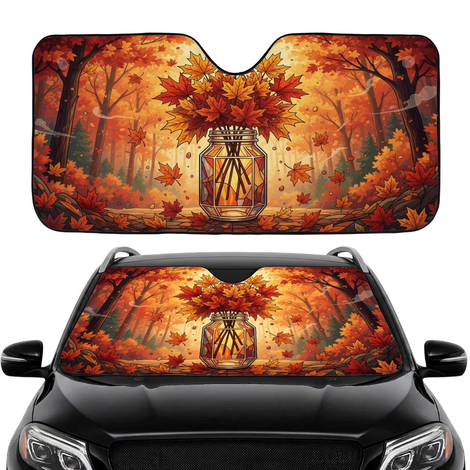 Autumn Maple Leaves Glass Jar Forest Scene - Car Interior Upgrade Car Sunshade - 1