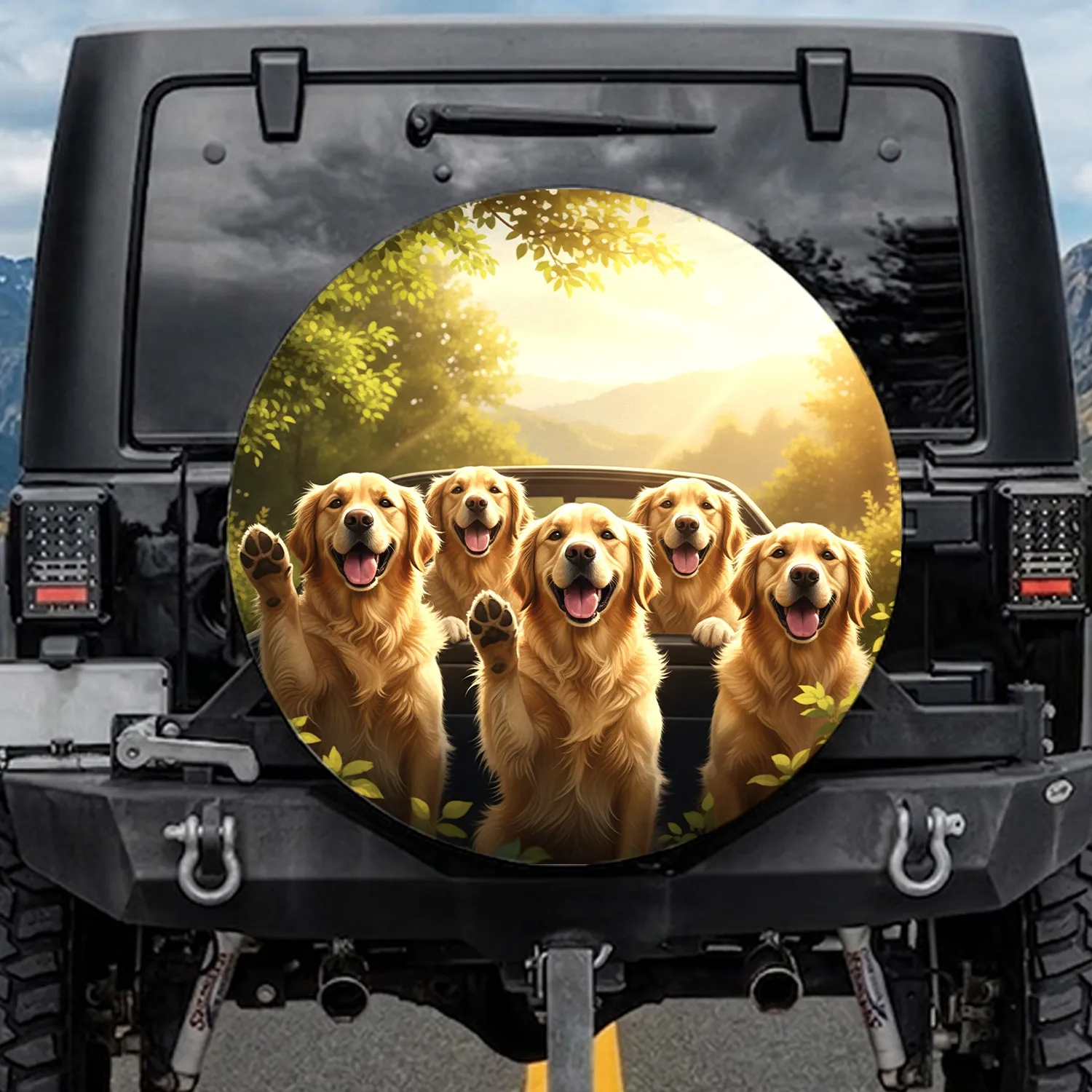 Joyous Golden Retrievers Paws Raised - Golden Hour Nature Dog Lover Gift Spare Tire Cover - 1
