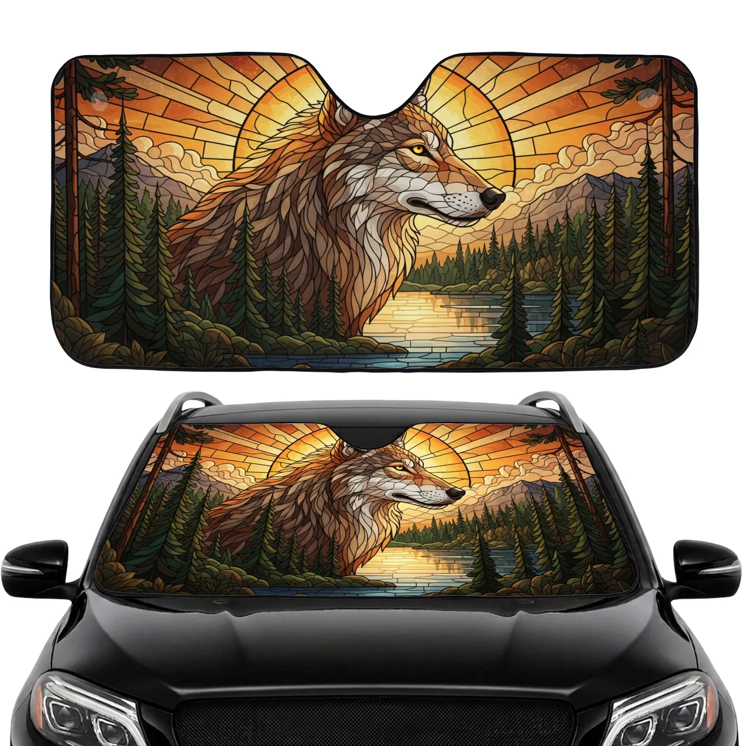 Stained Glass Wolf Head Sun Forest Car Interior Upgrade Wolf Lover Gift Car Sunshade - 1