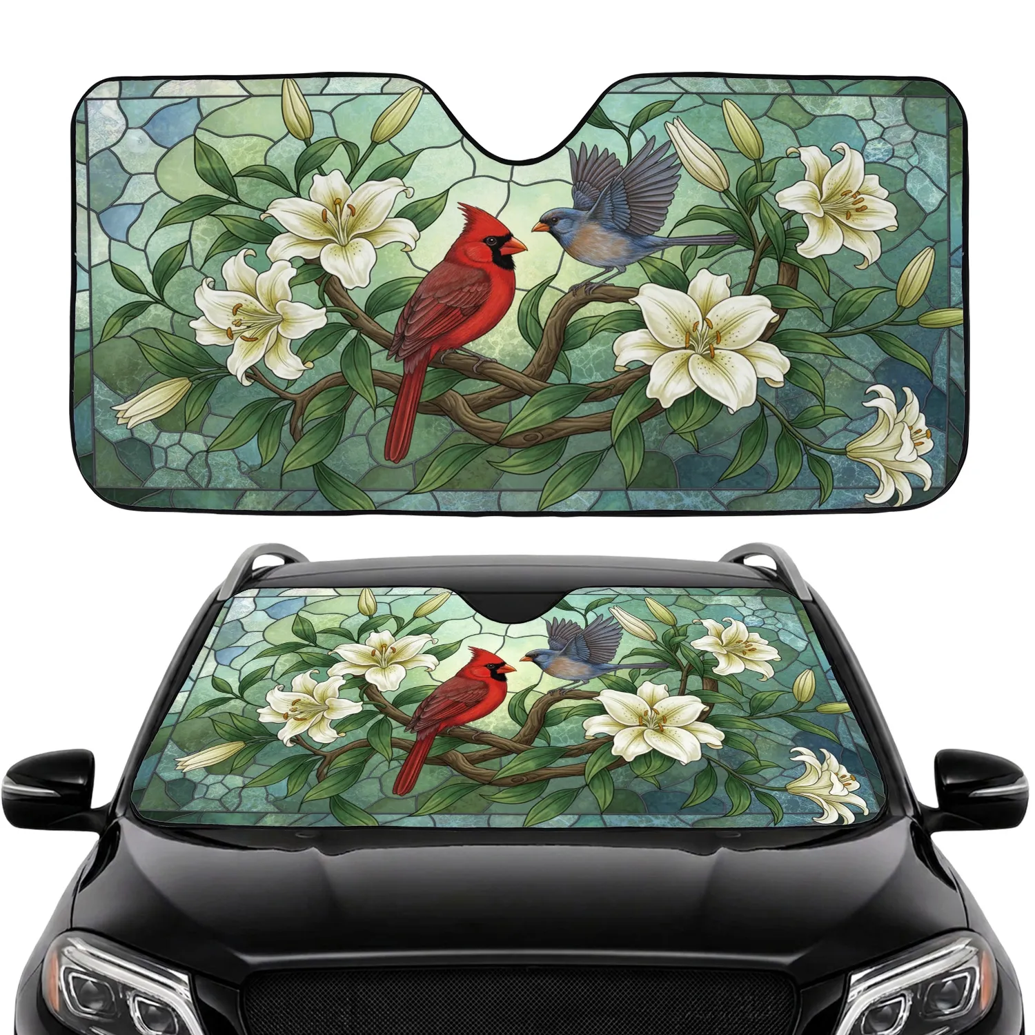 Red Cardinal Blue Bird Lily Stained Glass - Road Trip Car Decor Gift Car Sunshade - 1