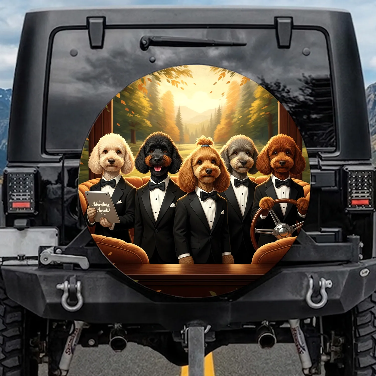 Cream, Black, Golden Poodles in Tuxedos Steering Wheel - Luxury Adventure Gift Spare Tire Cover - 1