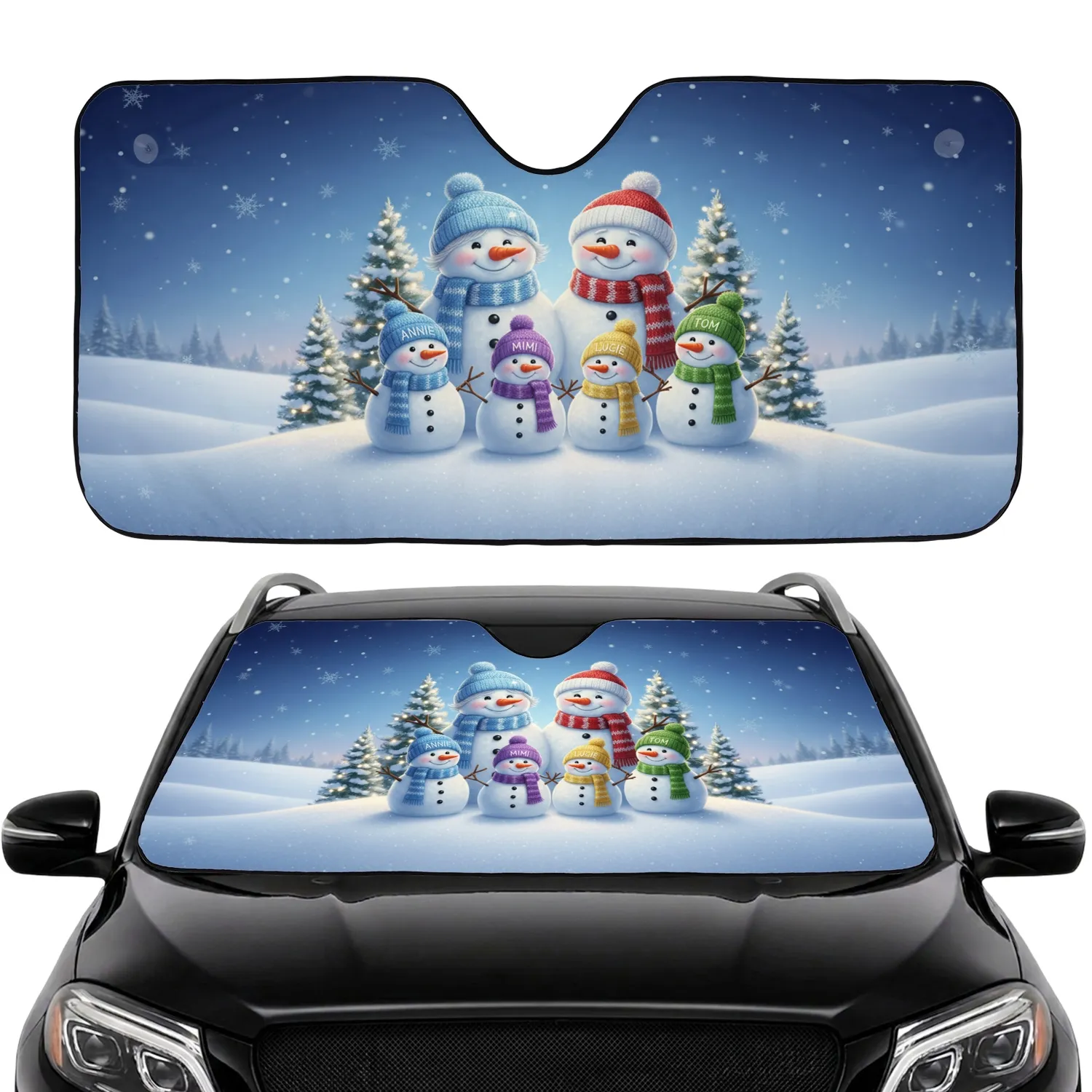 Six Snowmen Family Evergreen Trees Winter Wonderland Christmas Car Interior Upgrade Car Sunshade - 1