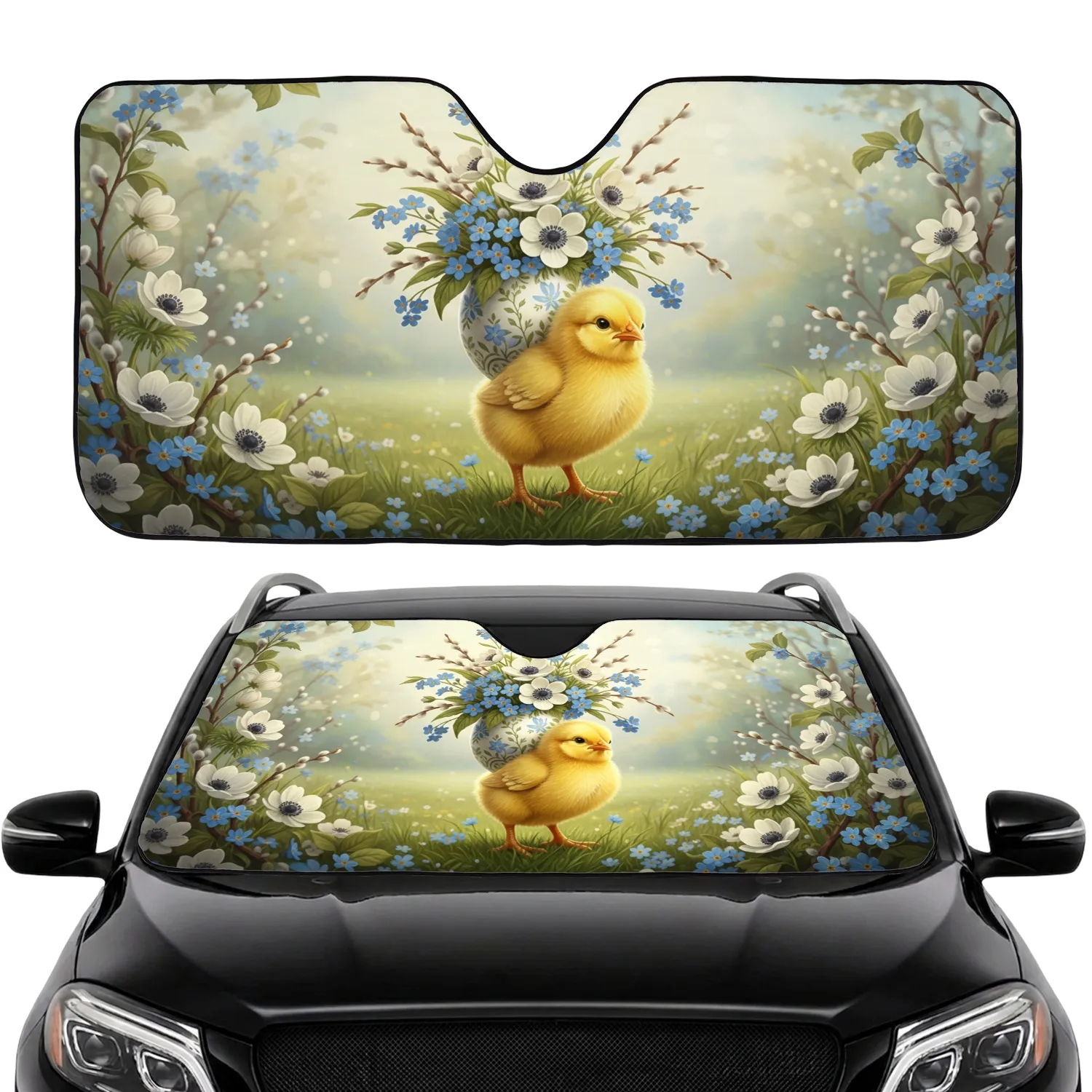 Fluffy Yellow Baby Chick Easter Egg Floral Meadow Scene - Spring Road Trip Car Accessory Car Sunshade - 1