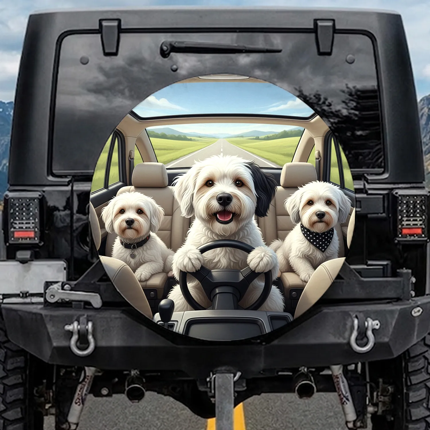 Fluffy White Dogs Driving Car Steering Wheel - Road Trip Adventure Dog Lover Gift Spare Tire Cover - 1