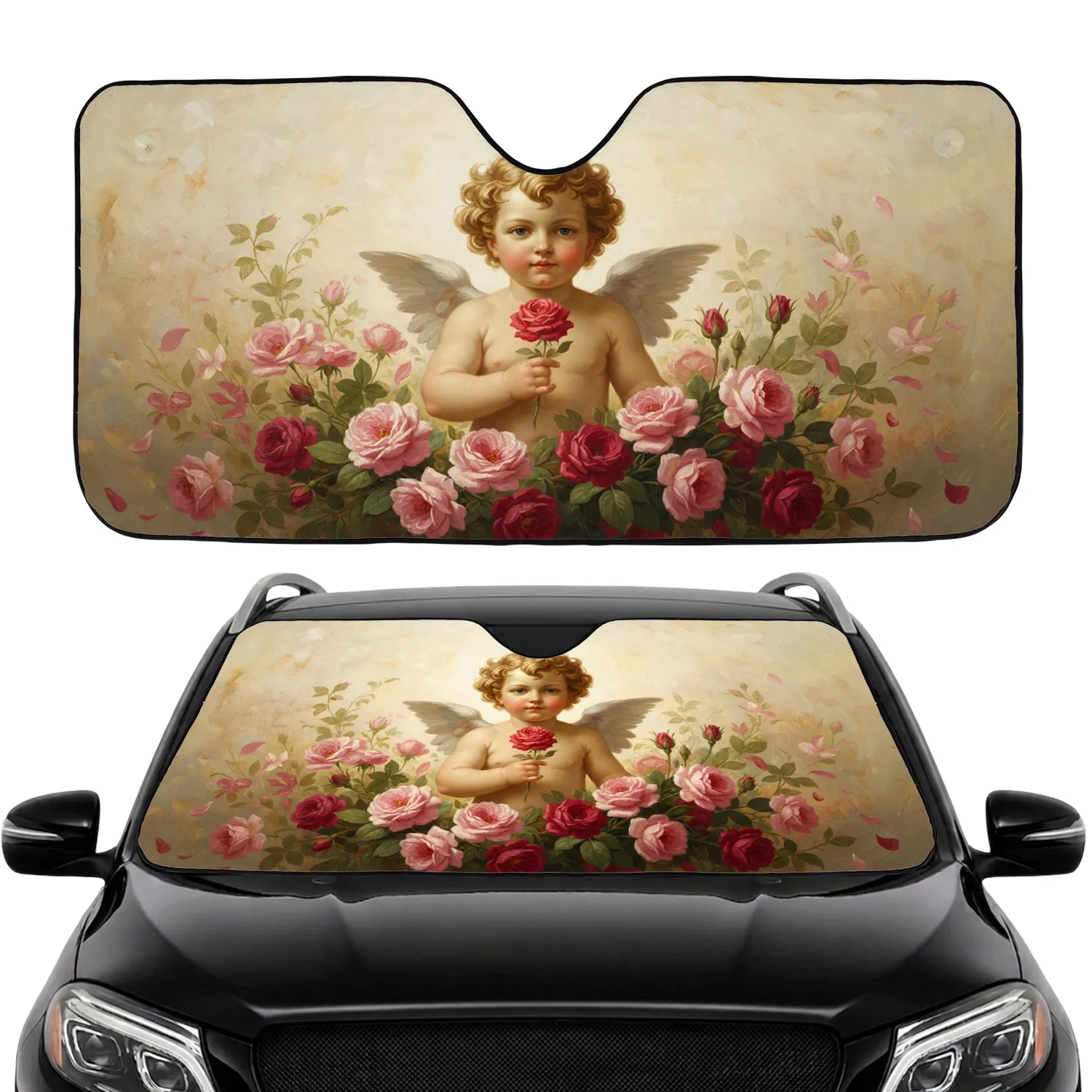 Rococo Cherub Golden Wings Blooming Crimson Rose Antique Gold Foliage Car Interior Upgrade Car Sunshade - 1