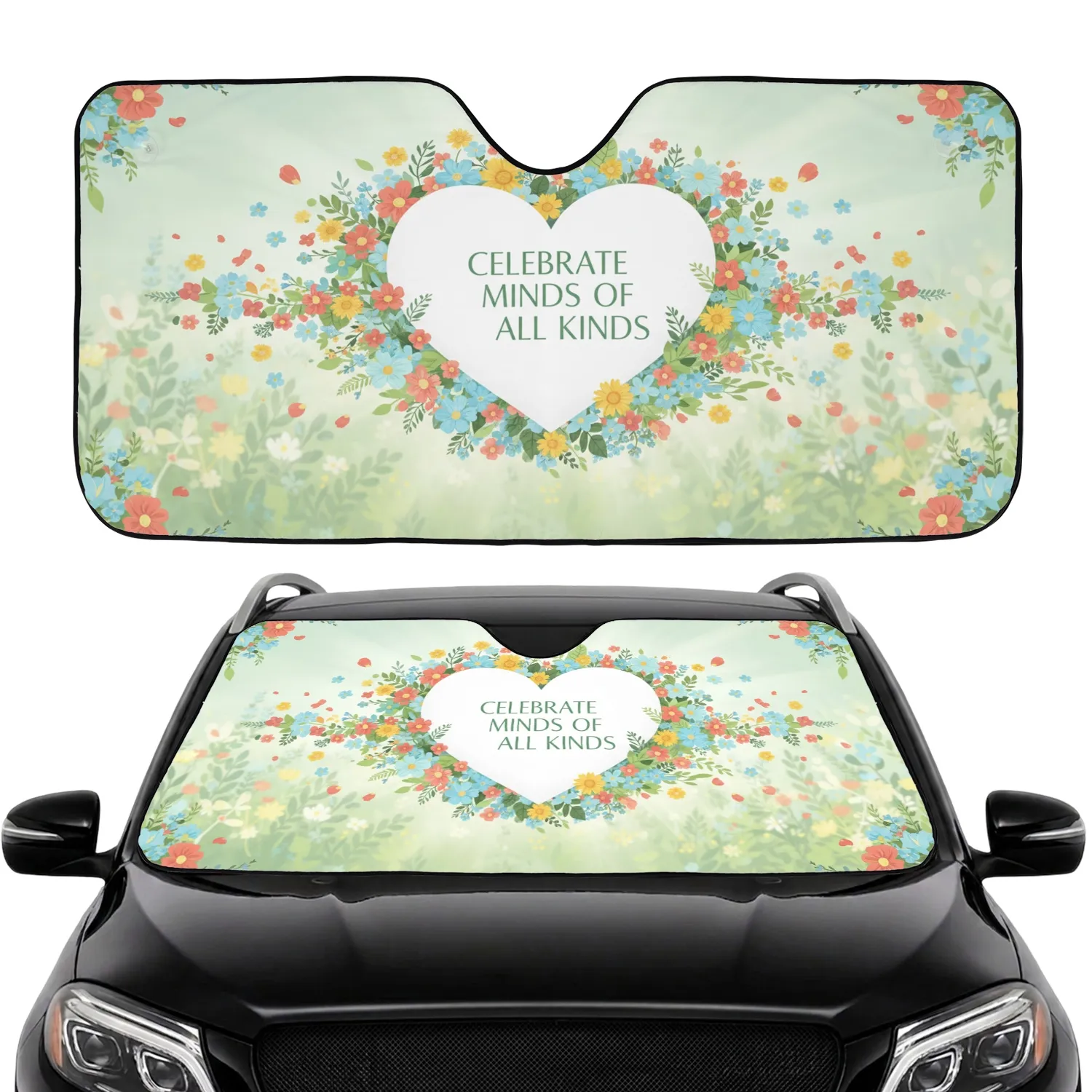 Celebrate Minds Of All Kinds Heart Floral Wreath - Car Interior Upgrade Car Sunshade - 1
