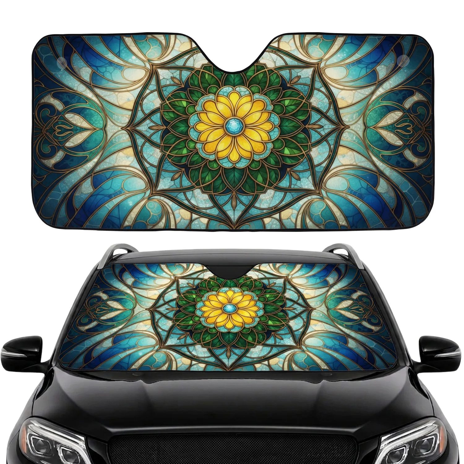 Ornate Stained Glass Floral Mandala Yellow Flower Brass Outline - Car Interior Upgrade Car Sunshade - 1