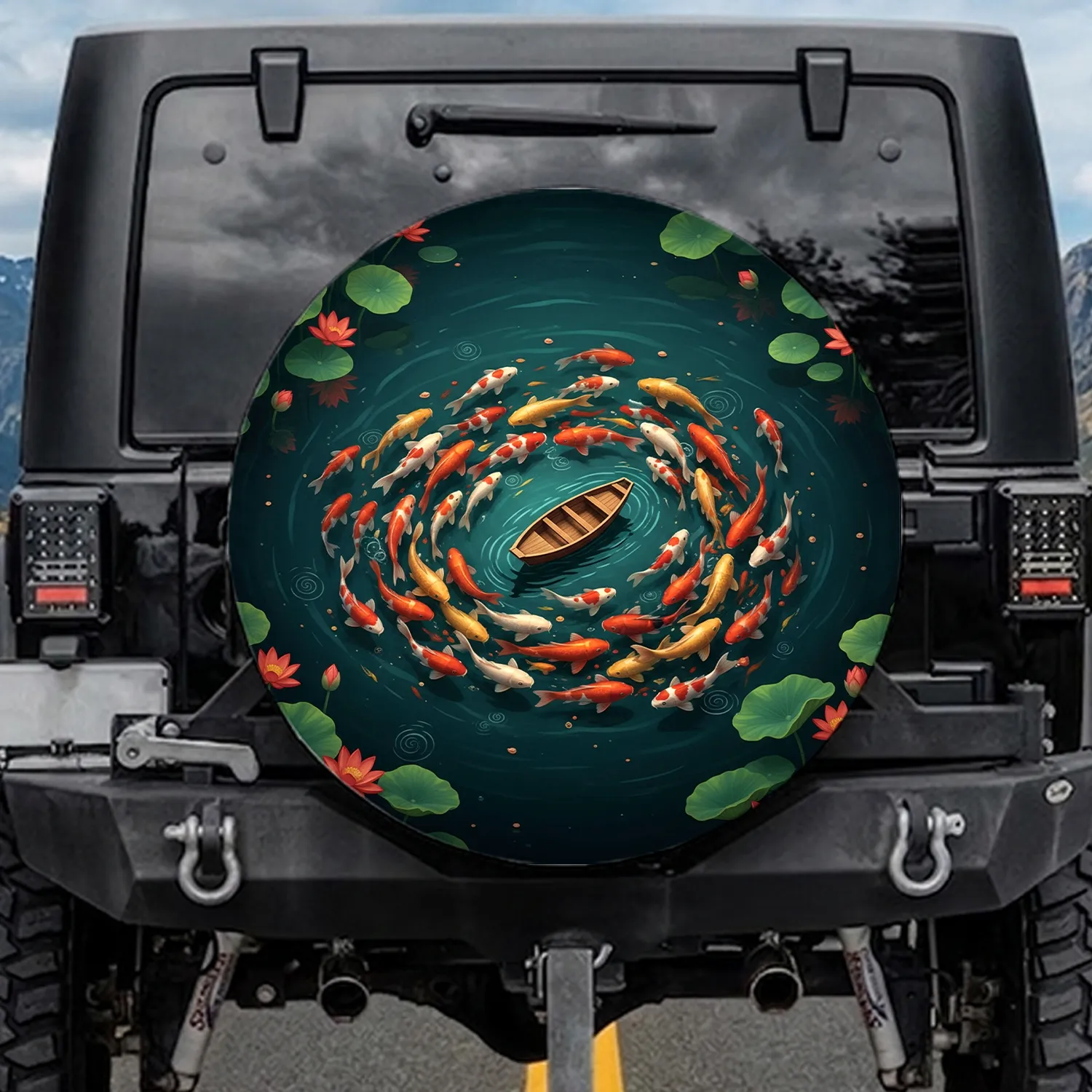 Koi Fish Lotus Pond Wooden Boat - Aquatic Life Home Decor Gift Spare Tire Cover - 1