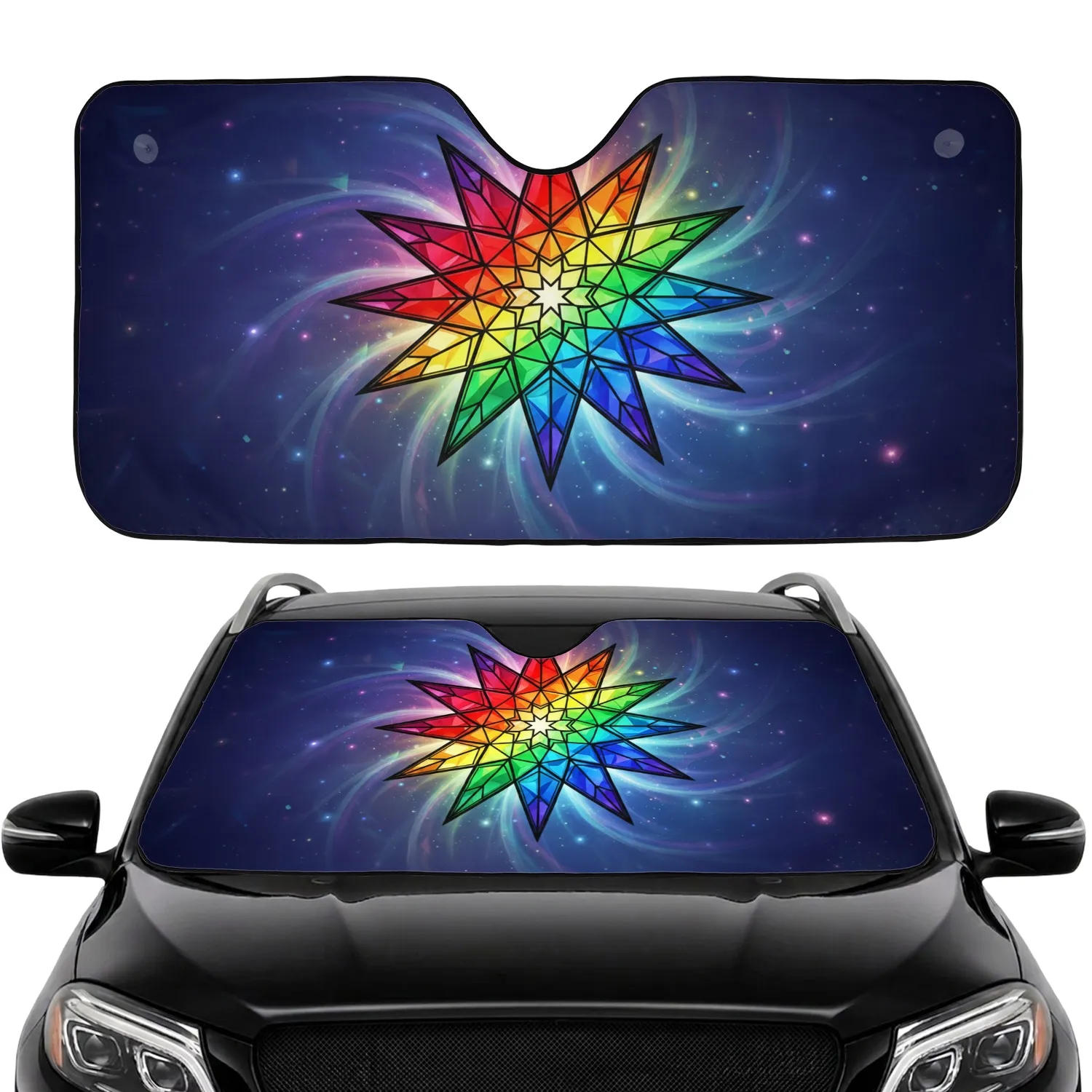 Stained Glass Rainbow Star Indigo Violet Prismatic Aurora - Car Interior Upgrade Car Sunshade - 1