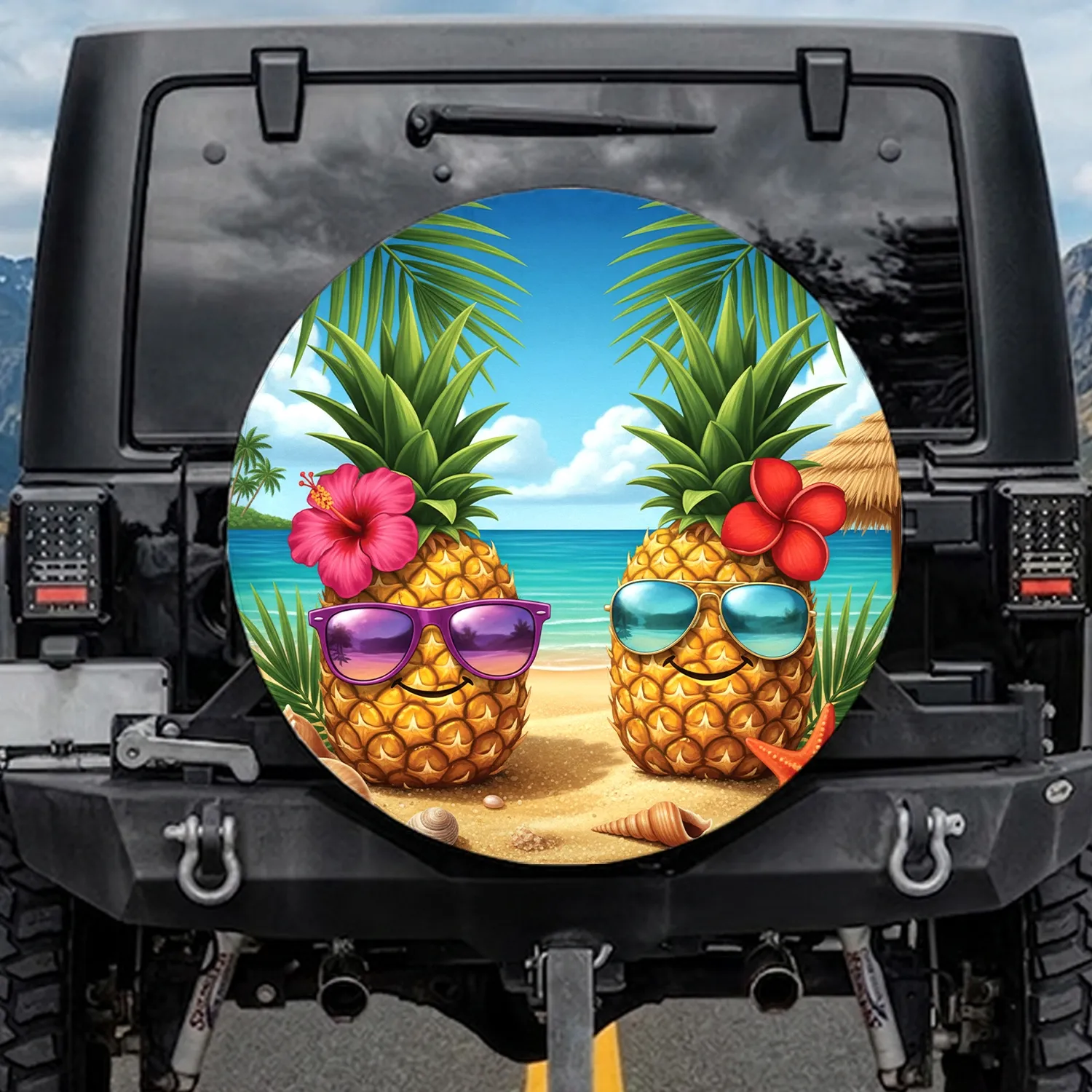 Pineapple Sunglasses Tropical Beach Scene - Vacation Travel Accessory Spare Tire Cover - 1