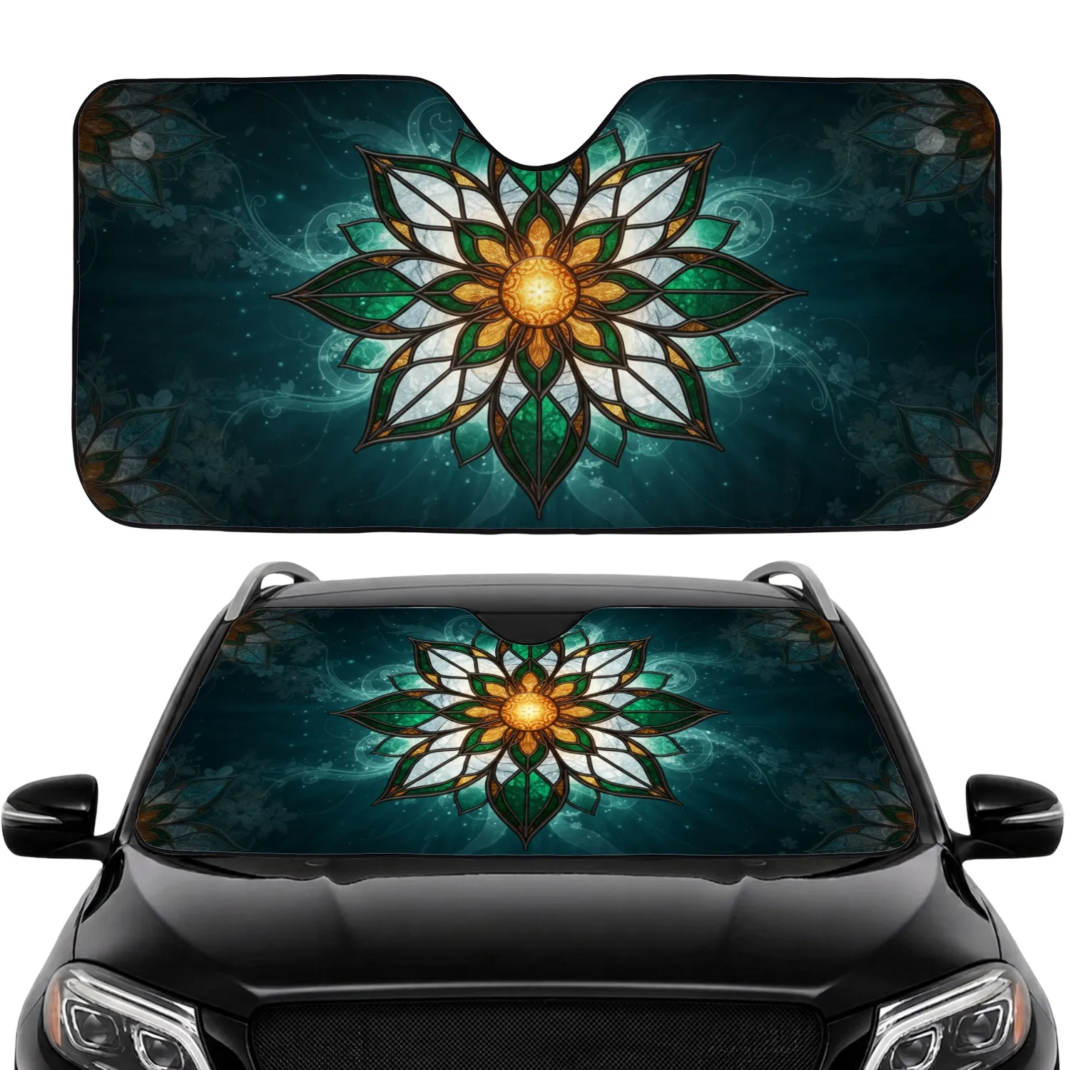 Emerald Green Amber Frosted White Stained Glass Flower - Car Interior Upgrade Car Sunshade - 1