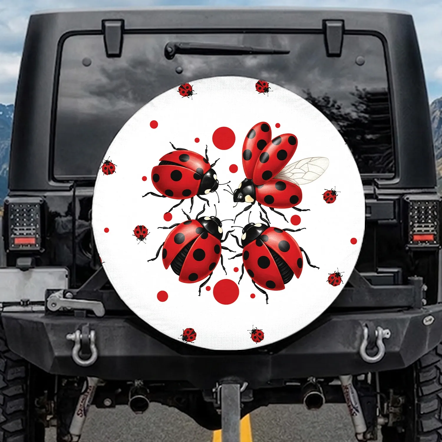 Prominent Stylized Red Ladybugs Black Spots Polka Dots - Wildlife Lover Gift Spare Tire Cover - 1