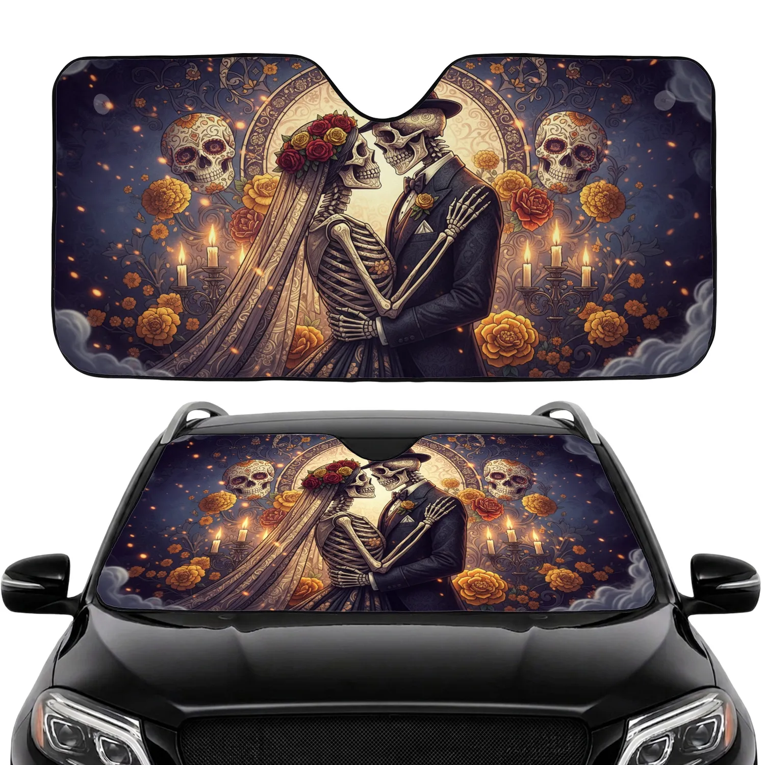 Ornate Gothic Stained Glass Skeleton Couple Sugar Skull Marigold - Car Interior Upgrade Car Sunshade - 1
