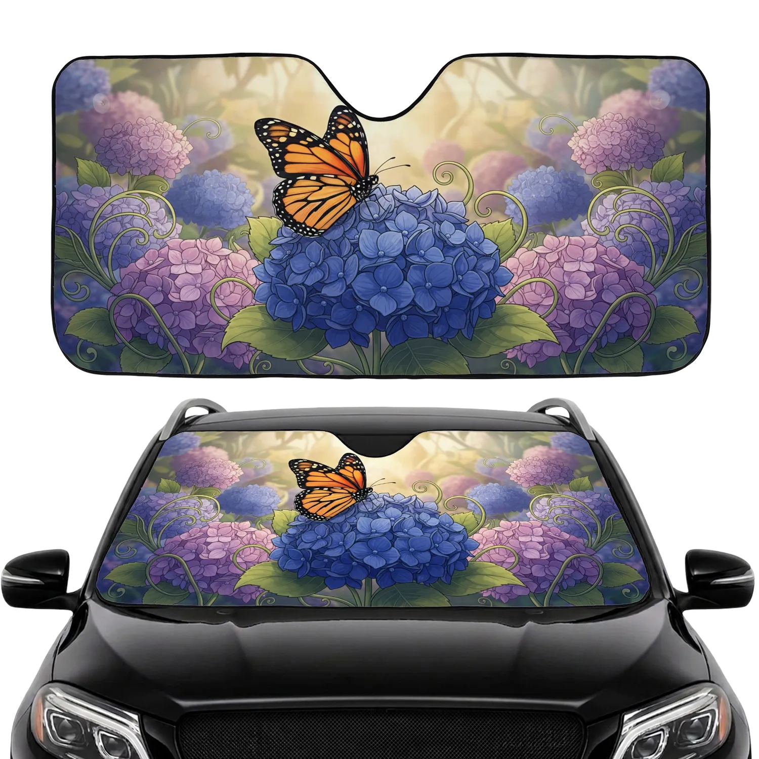 Monarch Butterfly Hydrangea Botanical Garden Road Trip Gift Car Sunshade - 1