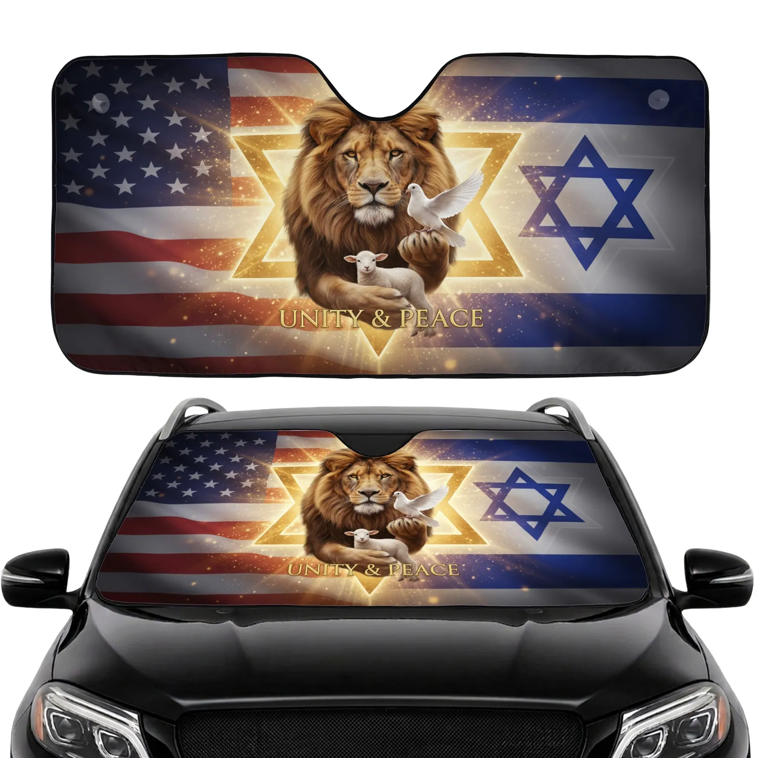 Lion Lamb Dove Star of David American Israeli Flag - Car Interior Upgrade Car Sunshade - 1