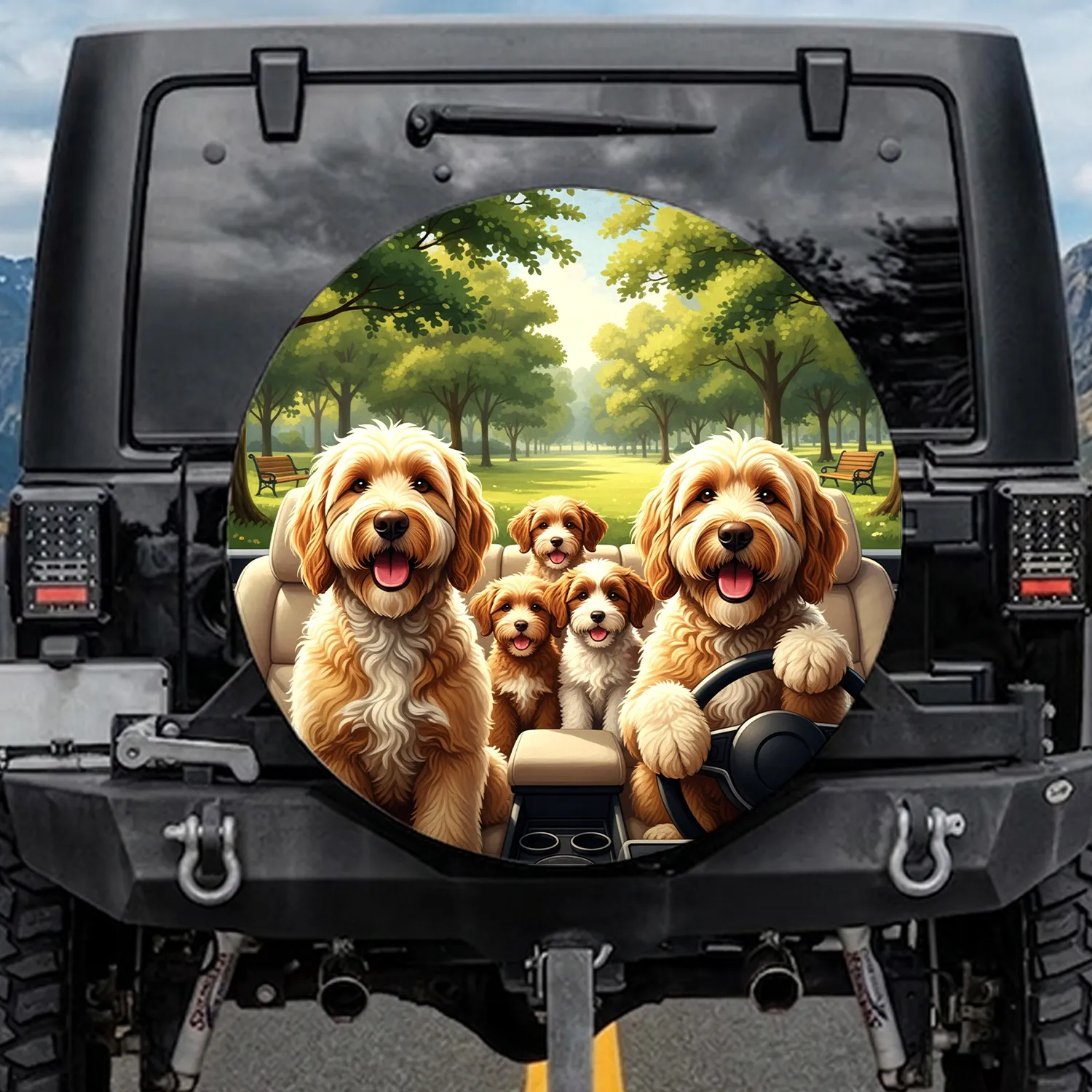 Golden-doodle Dogs Vehicle Interior Park Landscape - Pet Parent Road Trip Gift Spare Tire Cover - 1