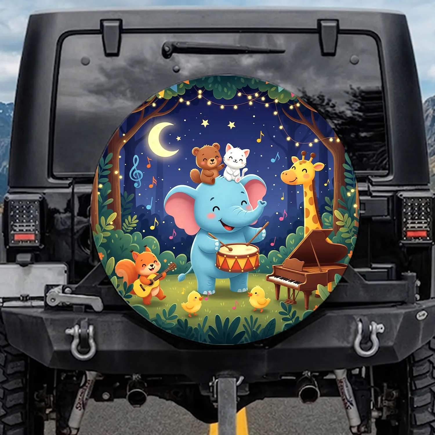 Elephant Bear Cat Giraffe Musical Forest Animals - Music Lover Gift Spare Tire Cover - 1