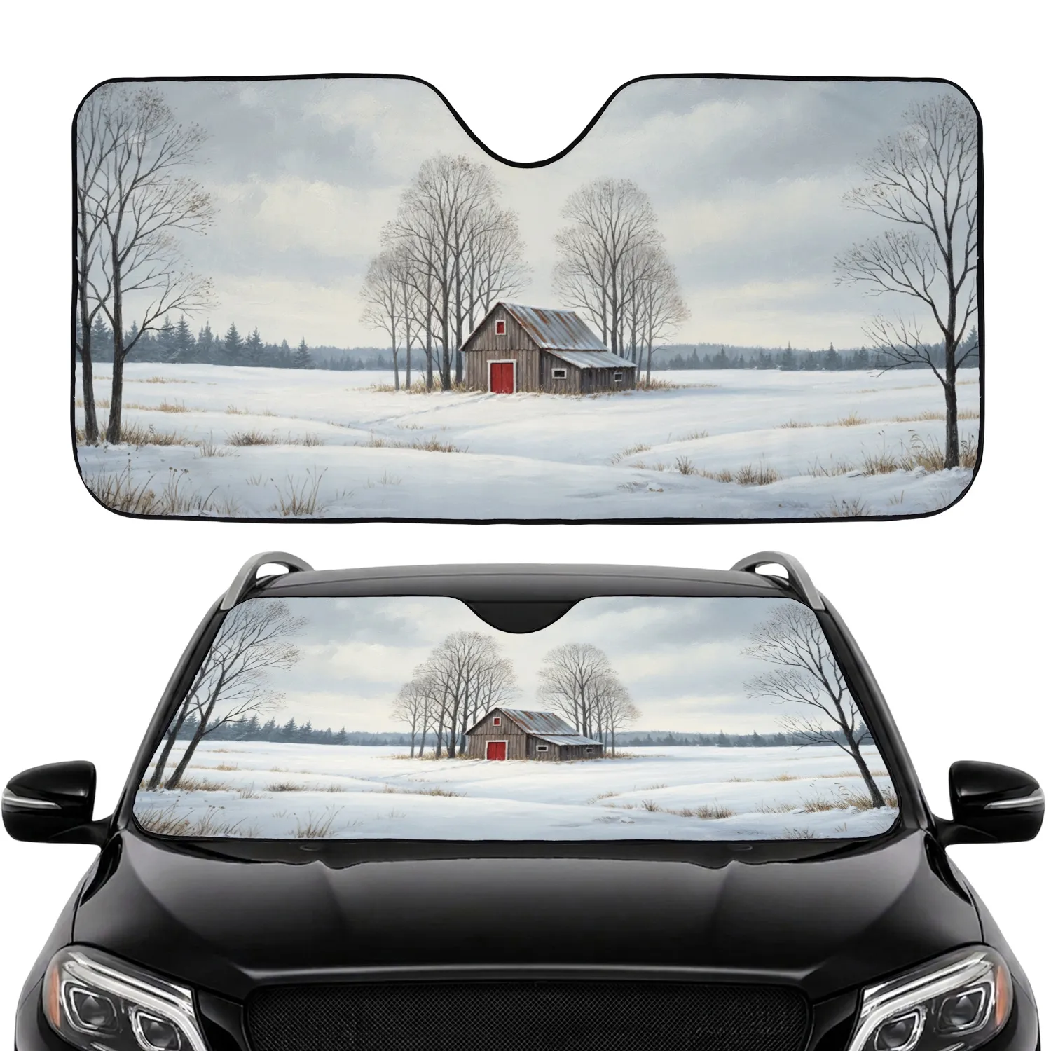 Isolated Rustic Barn Red Door Snowy Field - Winter Travel Road Trip Gift Car Sunshade - 1