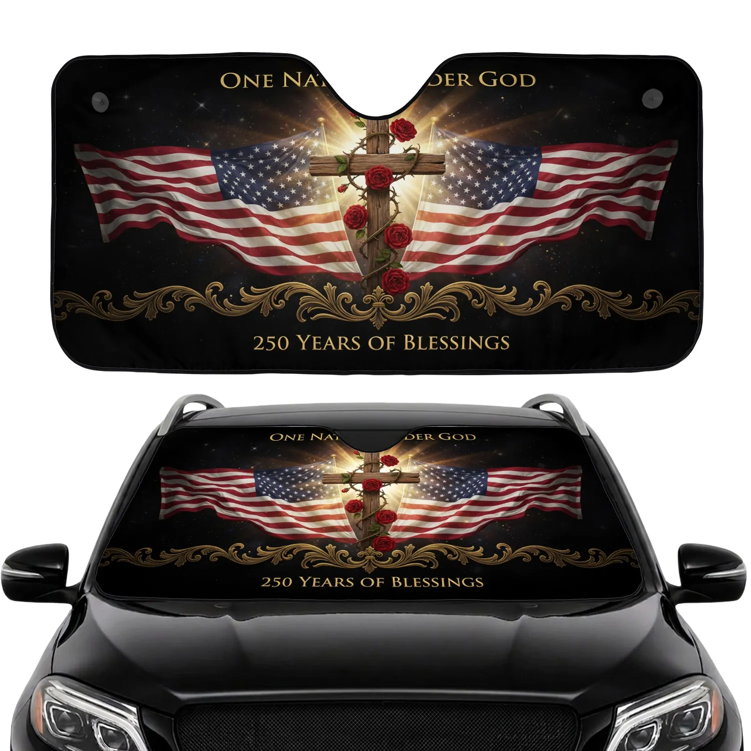 Christian Cross American Flag One Nation Under God 250 Years Blessings Road Trip Gift for Veterans Car Sunshade - 1