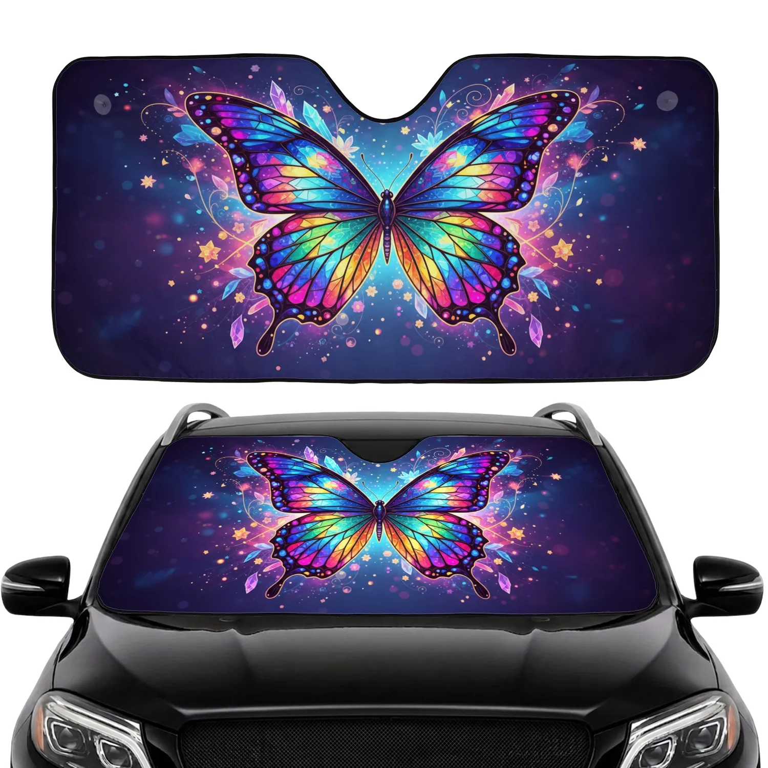 Iridescent Stained Glass Butterfly Swirling Light Particles – Travel Essentials Road Trip Gift Car Sunshade - 1