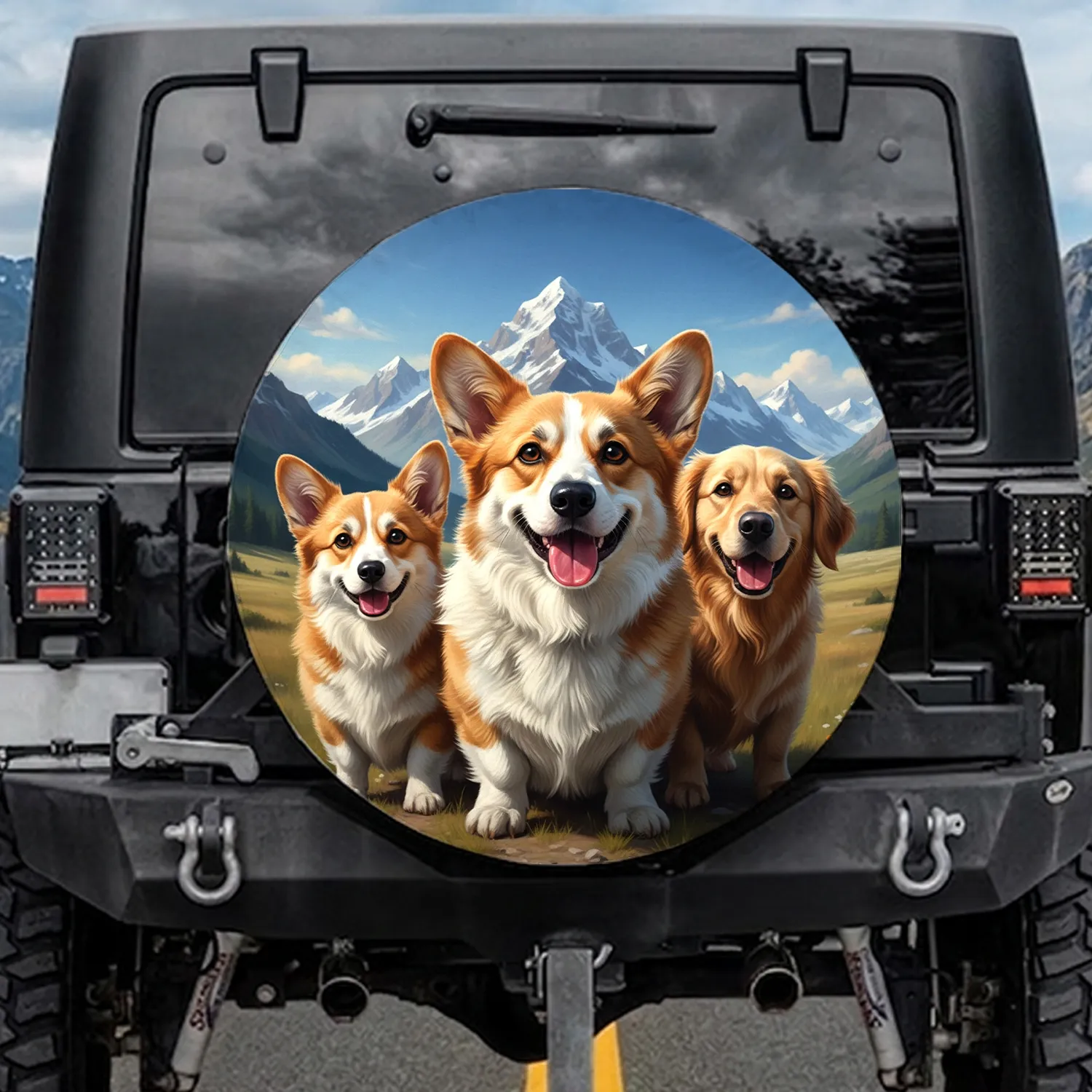 Joyful Corgi Golden Retriever Dogs Mountain Landscape - Travel Essentials Dog Lover Gift Spare Tire Cover - 1