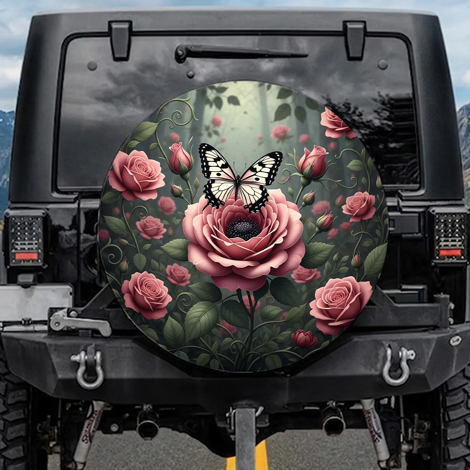 Black White Butterfly Pink Flower Garden - Garden Lover Gift Spare Tire Cover - 1