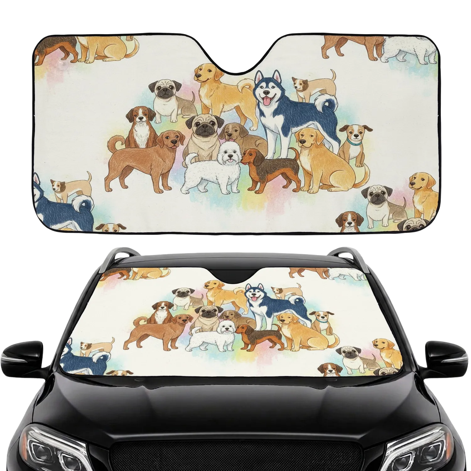 Dogs Various Breeds Playful Poses - Dog Lover Road Trip Travel Accessory Car Sunshade - 1