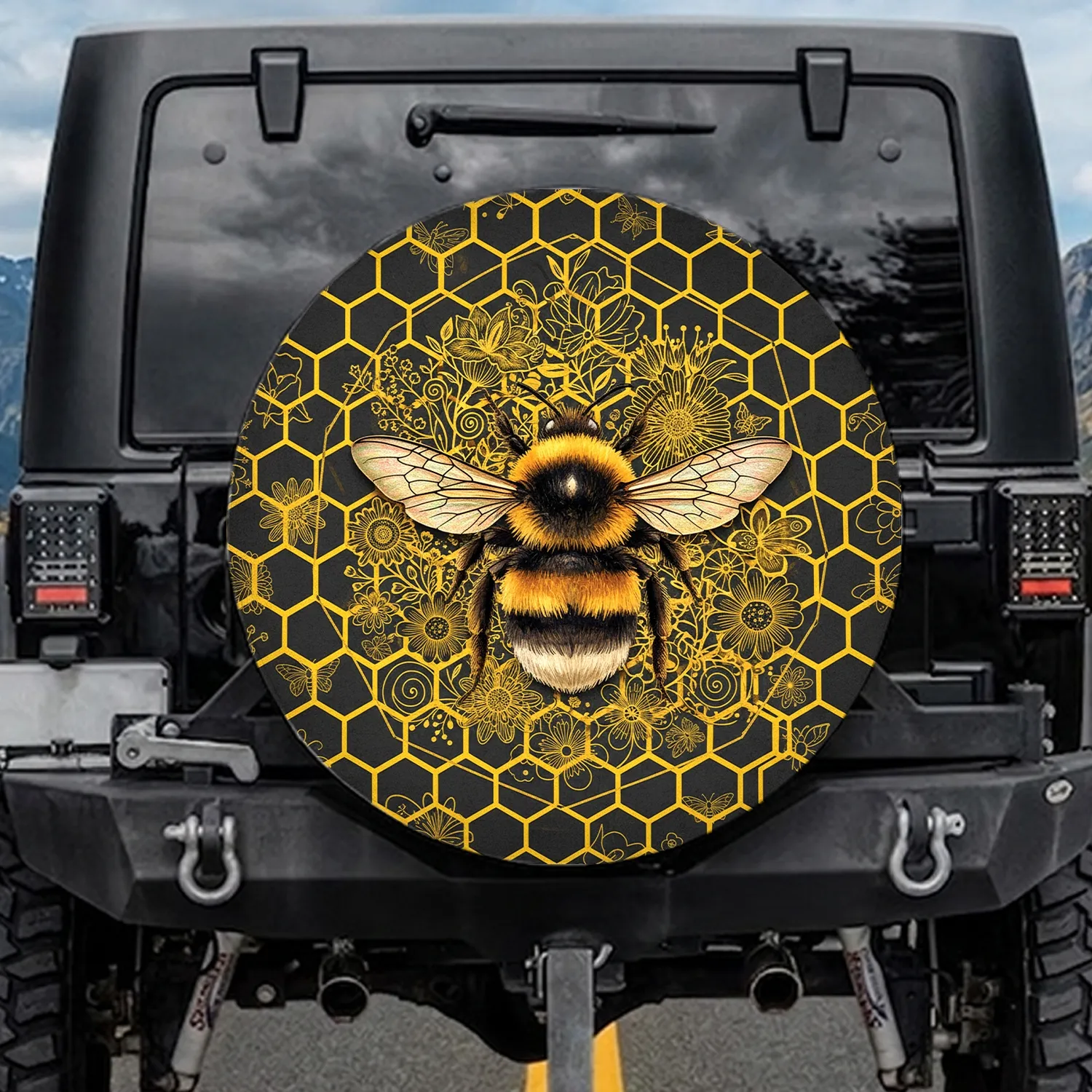 Black Gold Bumblebee Honeycomb Floral Insects - Wildlife Lover Gift Spare Tire Cover - 1