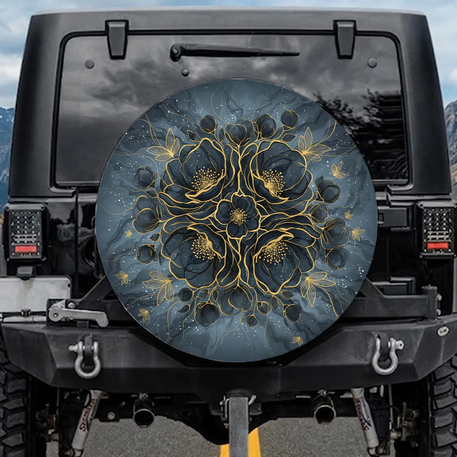 Layered Floral Glittering Gold Outline Butterflies Slate Blue - Everyday Style Gift Spare Tire Cover - 1