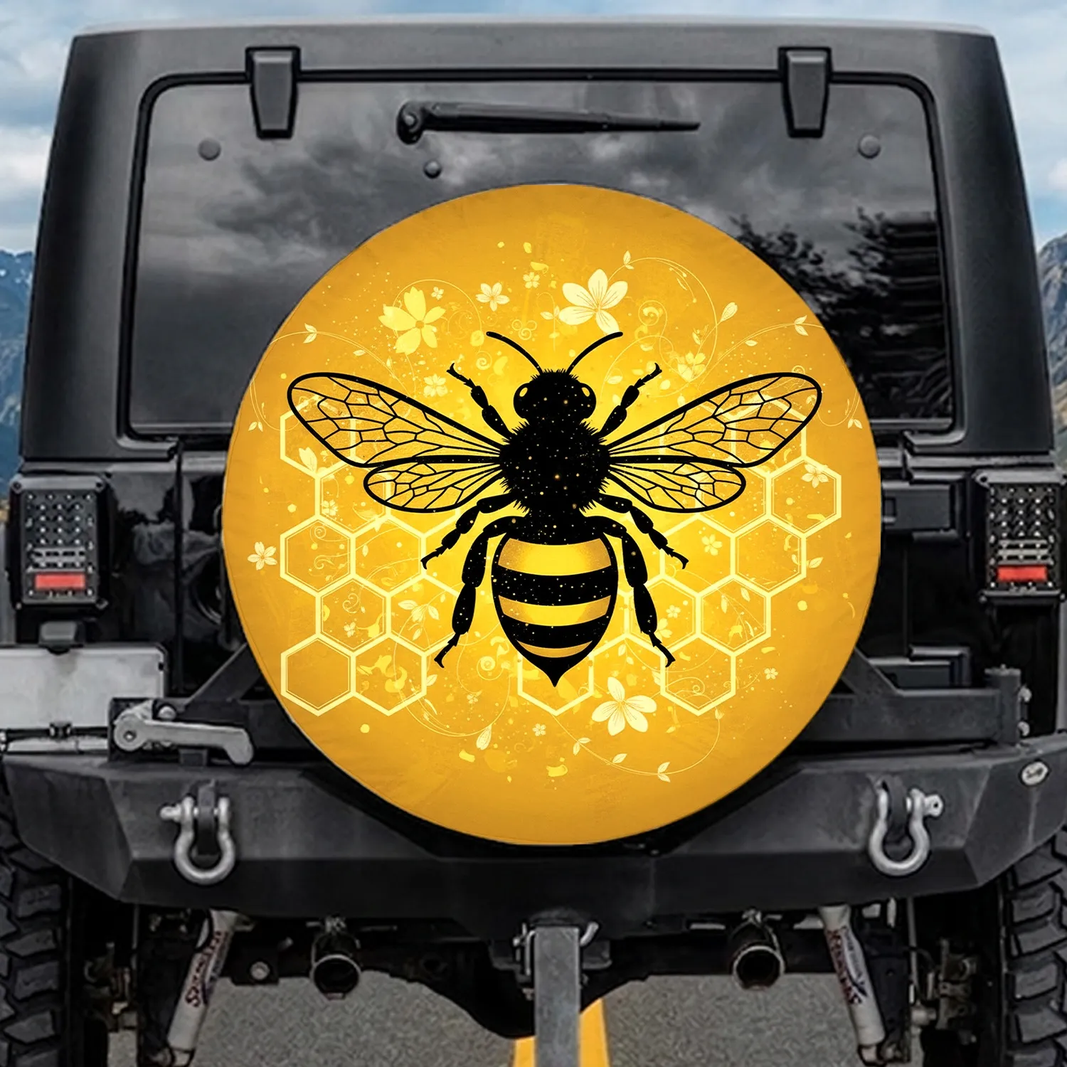 Black Honeybee Textured Wings Golden Honeycomb Floral - Wildlife Lover Gift for Bee Lovers Spare Tire Cover - 1