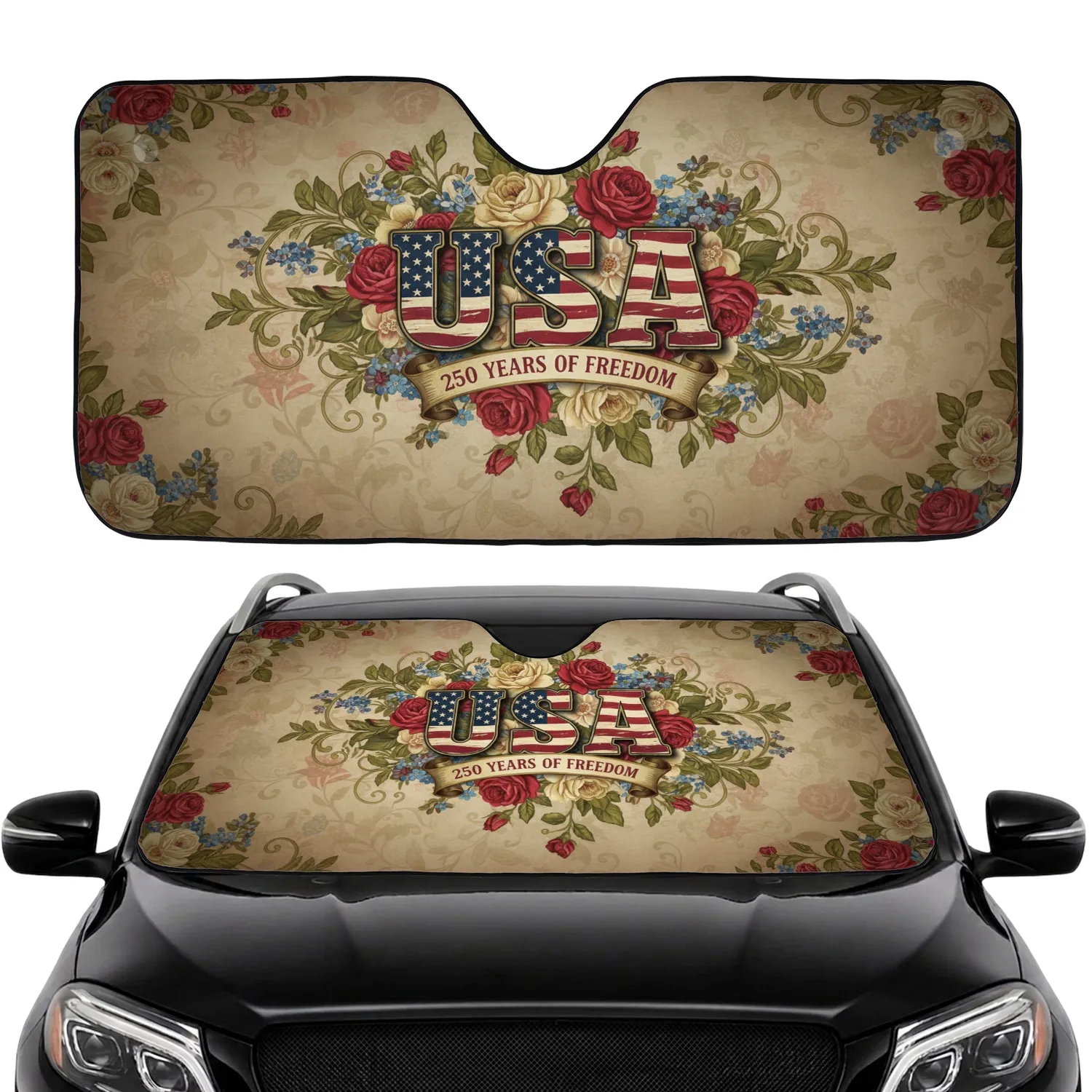 USA American Flag 250 Years of Freedom Vintage Floral - Car Interior Upgrade Car Sunshade - 1