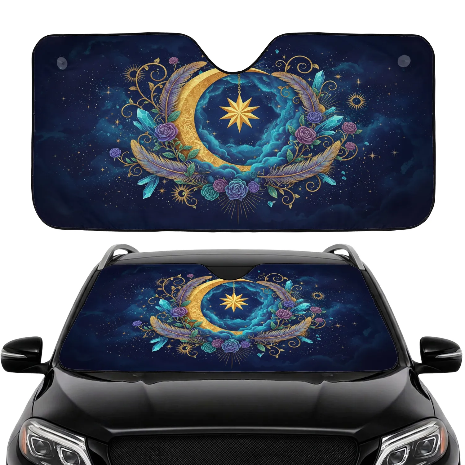 Golden Crescent Moon Star Cosmic Dust Feathers Roses Car Interior Upgrade Car Sunshade - 1