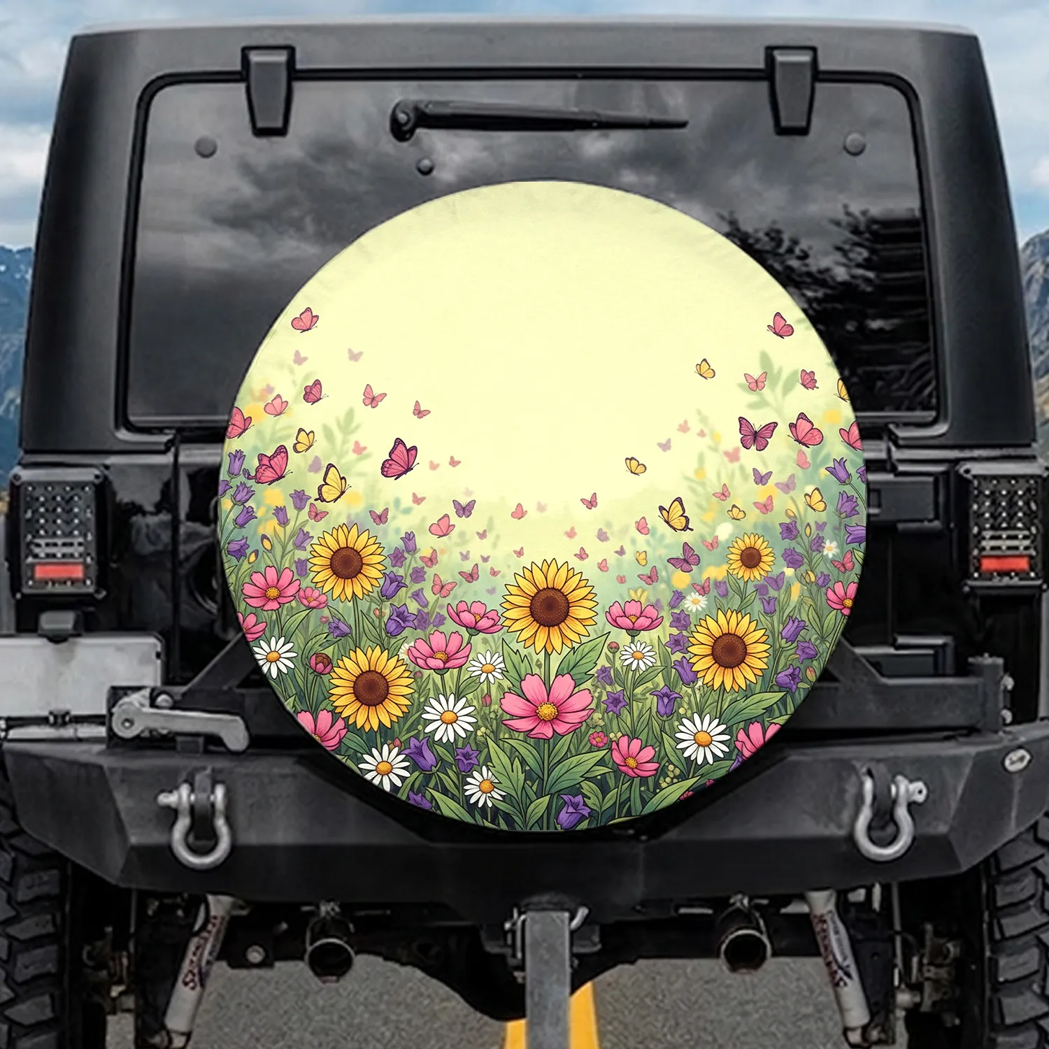 Pink Cosmos Purple Bellflower Yellow Sunflower White Daisy Garden Butterflies - Nature Lover Gift Spare Tire Cover - 1
