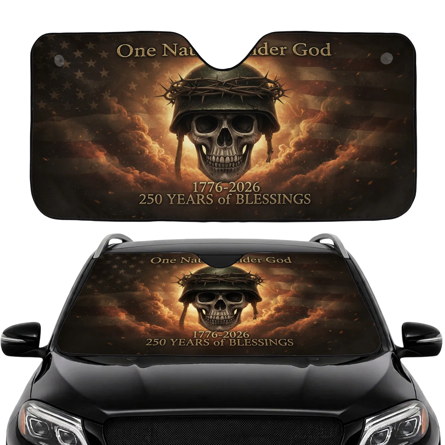 Skull Military Helmet American Flag 250th Anniversary Car Interior Upgrade for Veterans Car Sunshade - 1